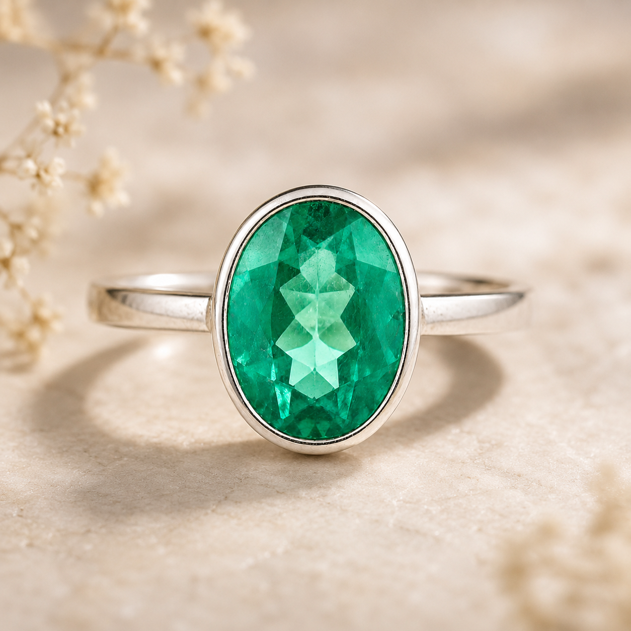 925 Sterling Silver 3.08 Ct Oval Green Topaz Ring 6 US Ring Size