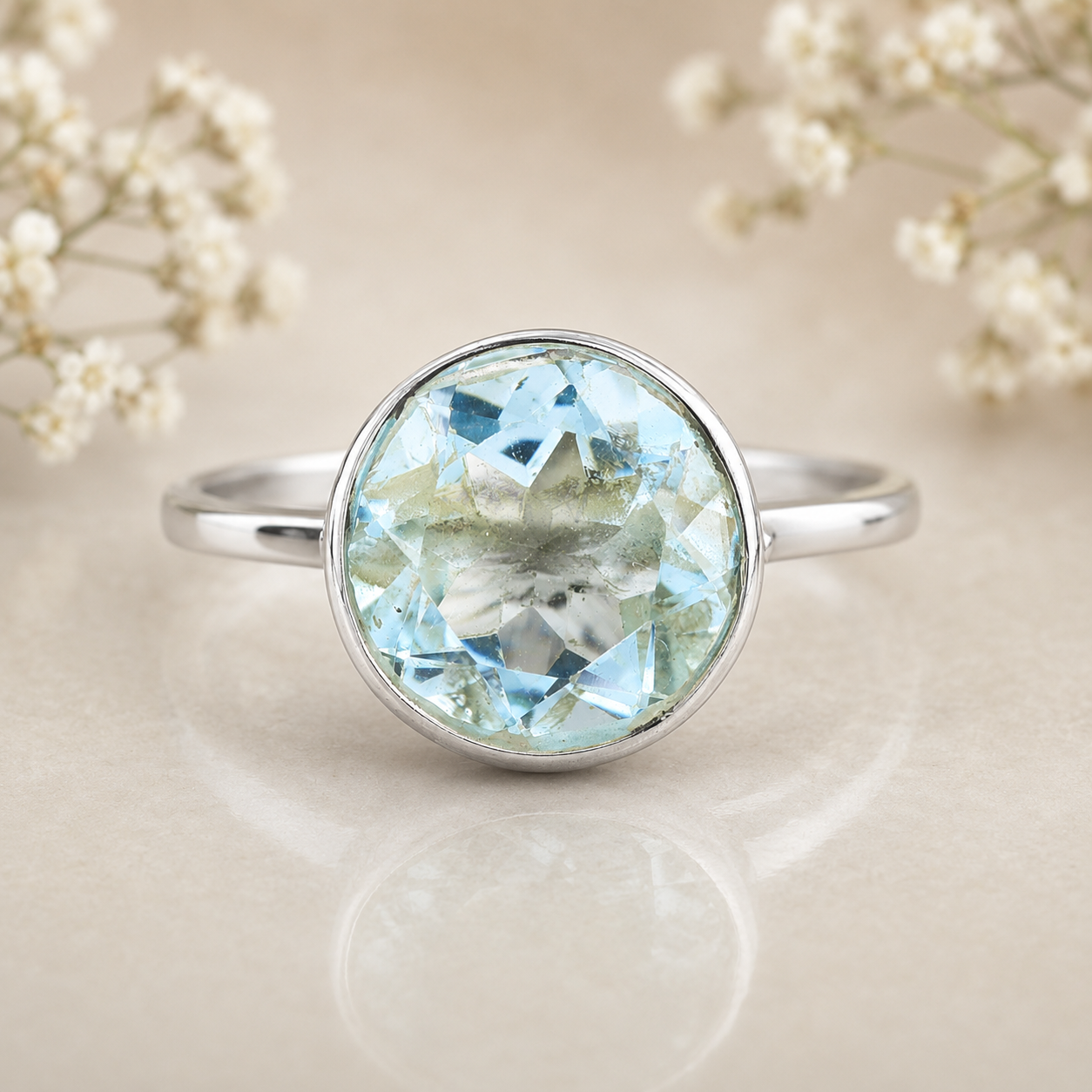 925 Sterling Silver 3.11 Ct Round Blue Topaz Ring 8 US Ring Size