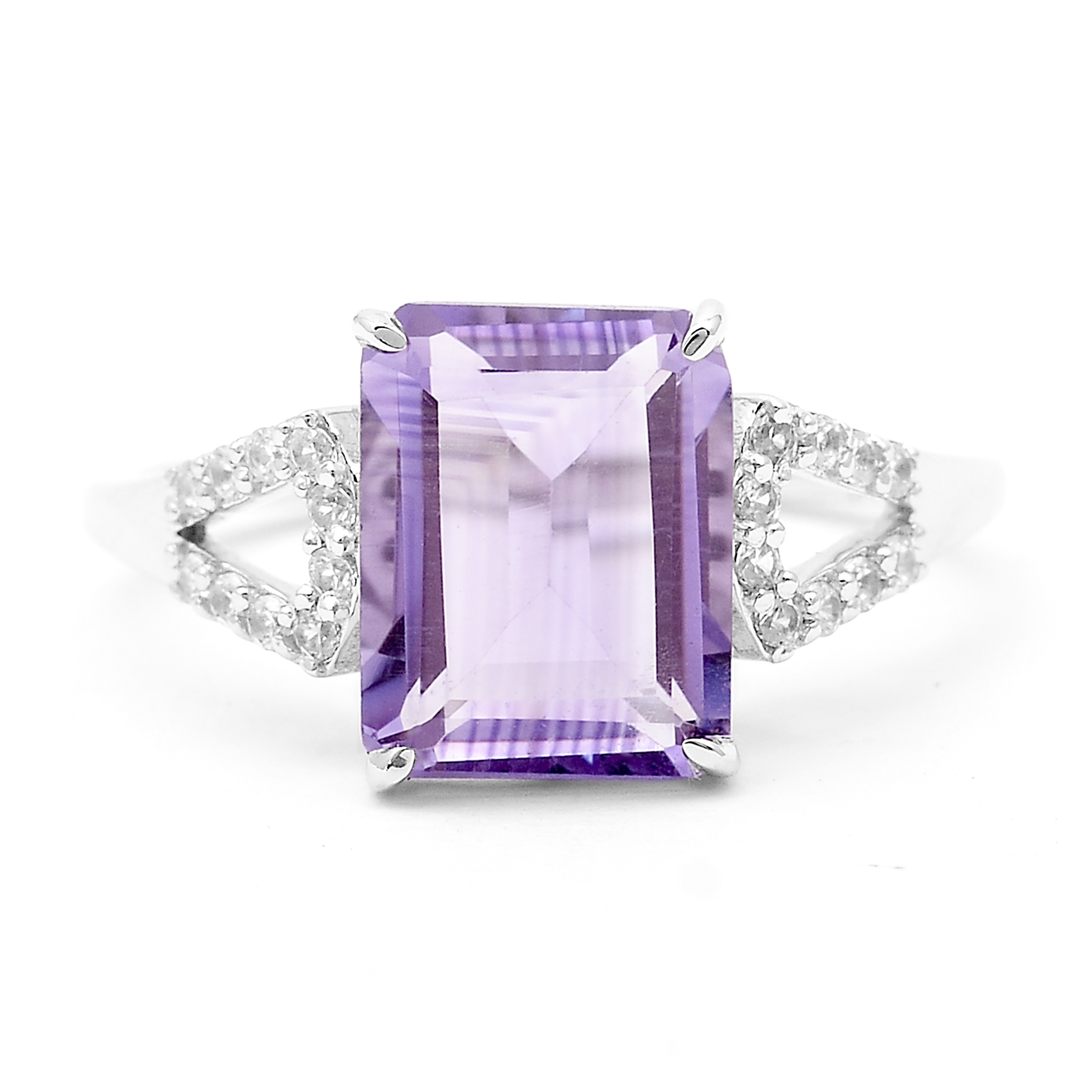925 Sterling Silver 3.14 Ct Octagon Amethyst White Zircon Ring 7 US Ring Size