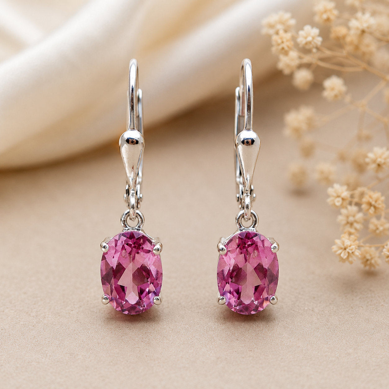 925 Sterling Silver 3.16 Ct Oval Pink Topaz Earrings