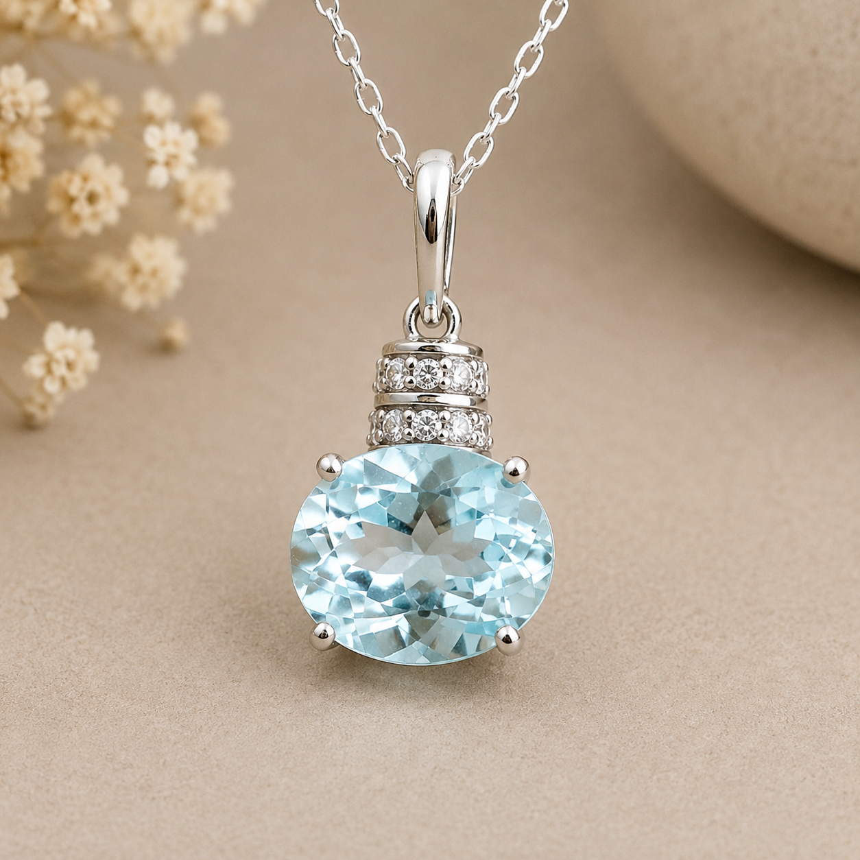 925 Sterling Silver 3.18 Ct Oval Blue Topaz White Zircon Pendant