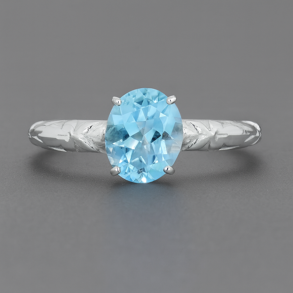 925 Sterling Silver 3.26 Ct Oval Blue Topaz Ring 8.5 US Ring Size