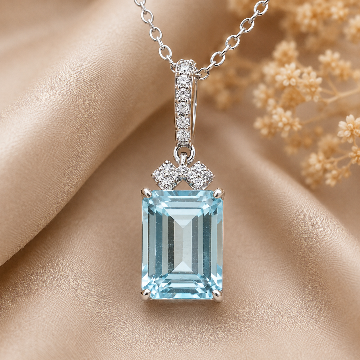 925 Sterling Silver 3.31 Ct Octagon Blue Topaz White Zircon Pendant