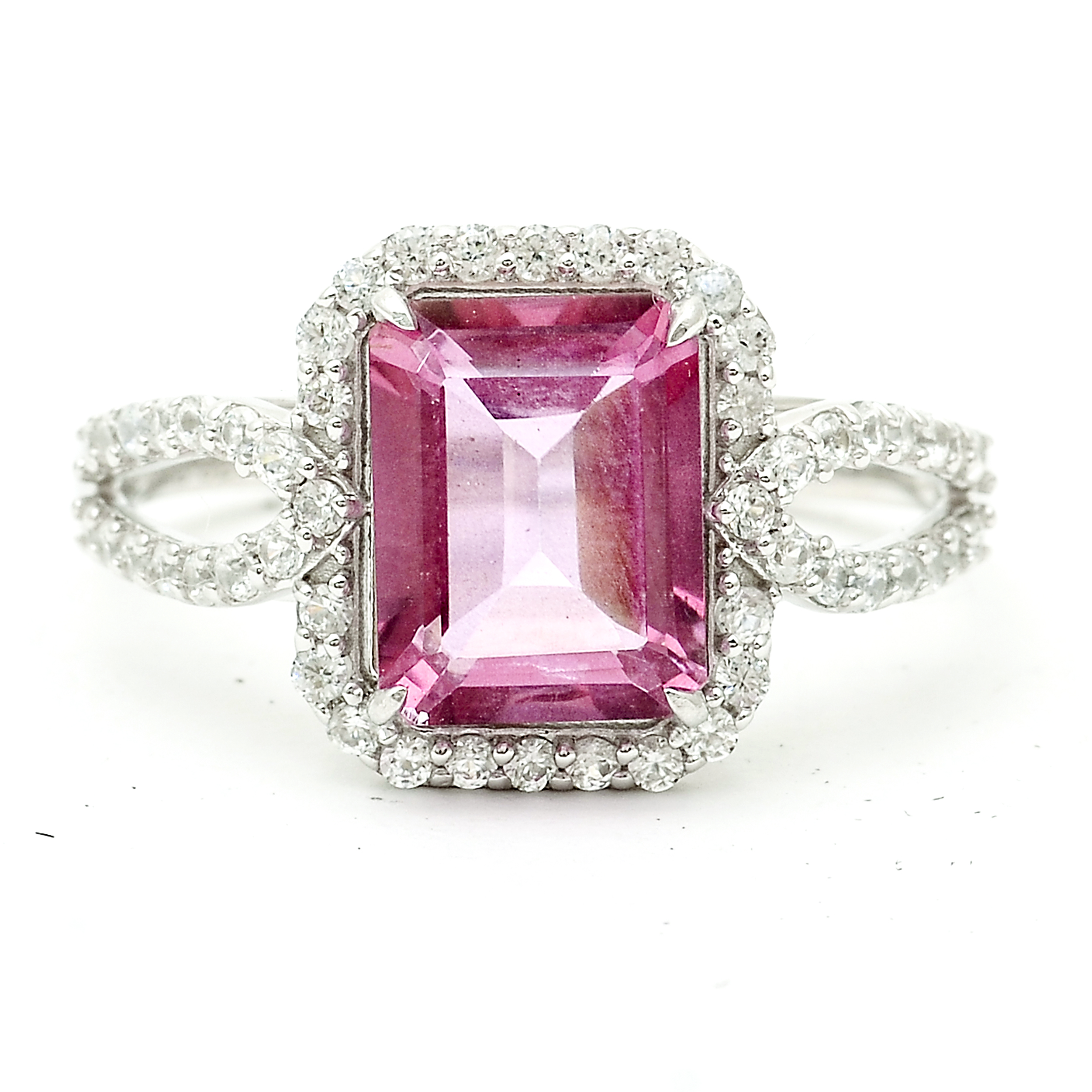 925 Sterling Silver 3.34 Ct Octagon Pink Topaz White Zircon Ring 7 US Ring Size