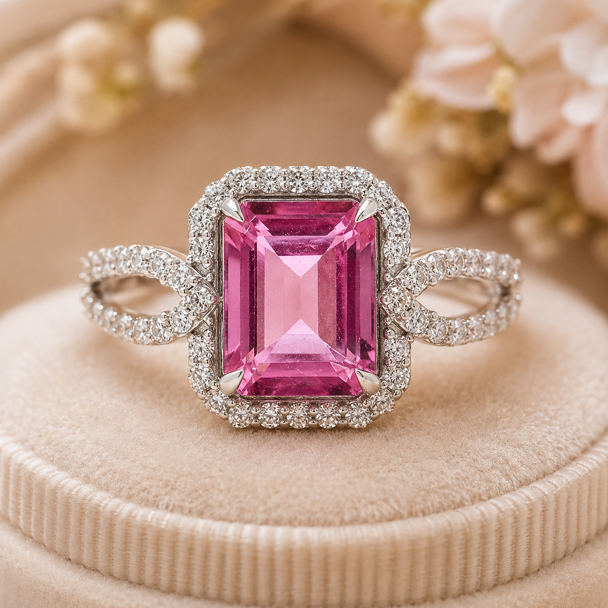 925 Sterling Silver 3.34 Ct Octagon Pink Topaz White Zircon Ring