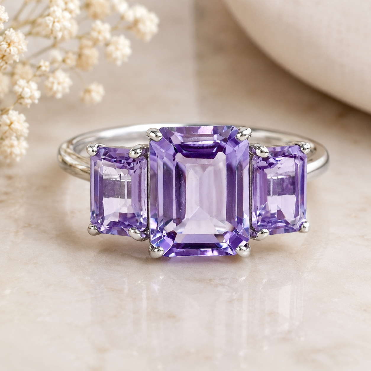 925 Sterling Silver 3.35 Ct Octagon Amethyst Ring 7 US Ring Size