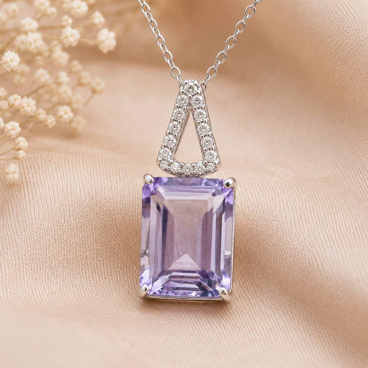 925 Sterling Silver 3.44 Ct Octagon Amethyst White Zircon Pendant