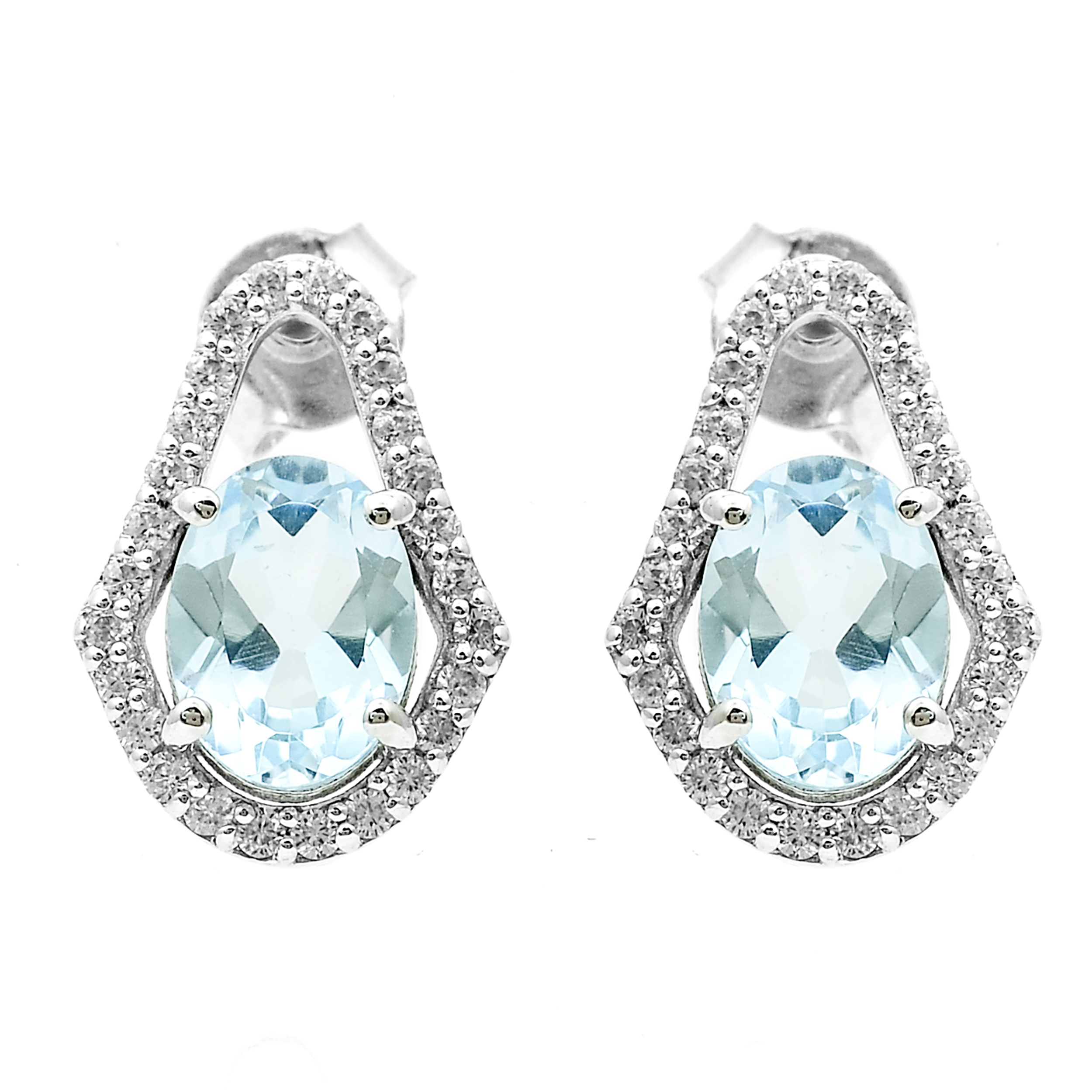 925 Sterling Silver 3.44 Ct Oval Blue Topaz White Zircon Earrings
