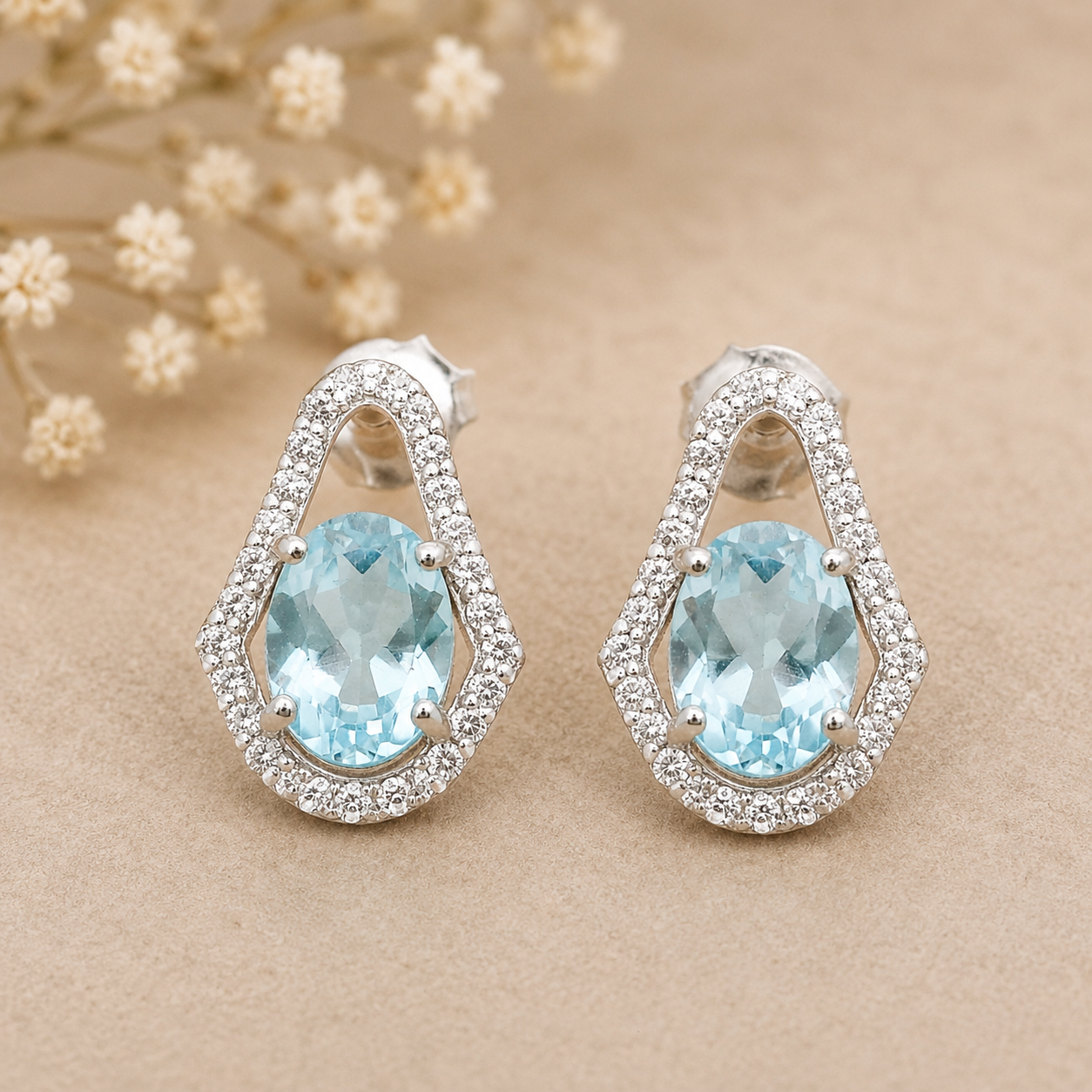 925 Sterling Silver 3.44 Ct Oval Blue Topaz White Zircon Earrings