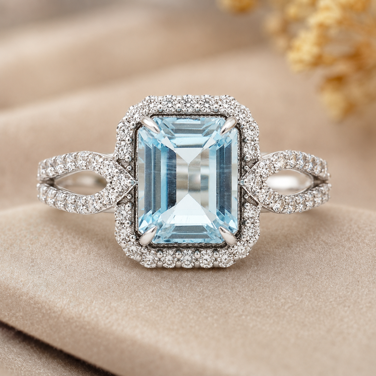 925 Sterling Silver 3.47 Ct Octagon Blue Topaz White Zircon Ring 7 US Ring Size