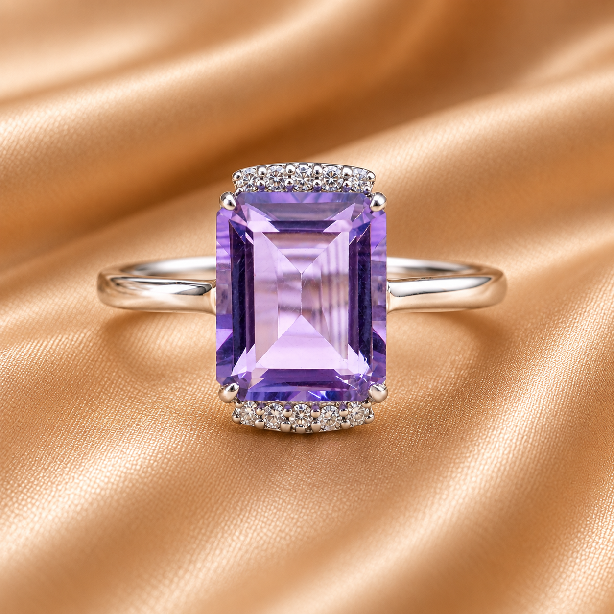925 Sterling Silver 3.53 Ct Octagon Amethyst White Zircon Ring 7 US Ring Size