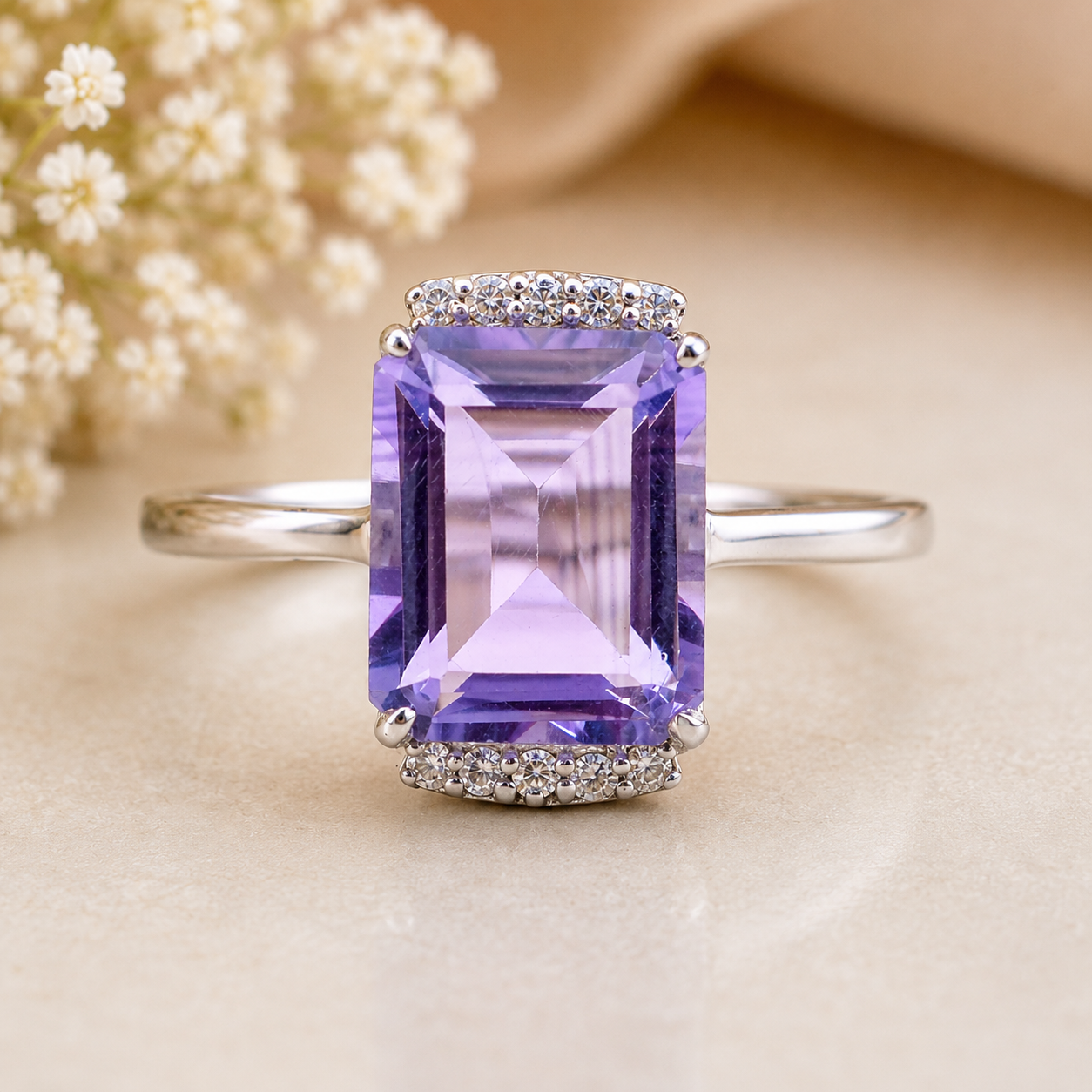 925 Sterling Silver 3.53 Ct Octagon Amethyst White Zircon Ring 7 US Ring Size