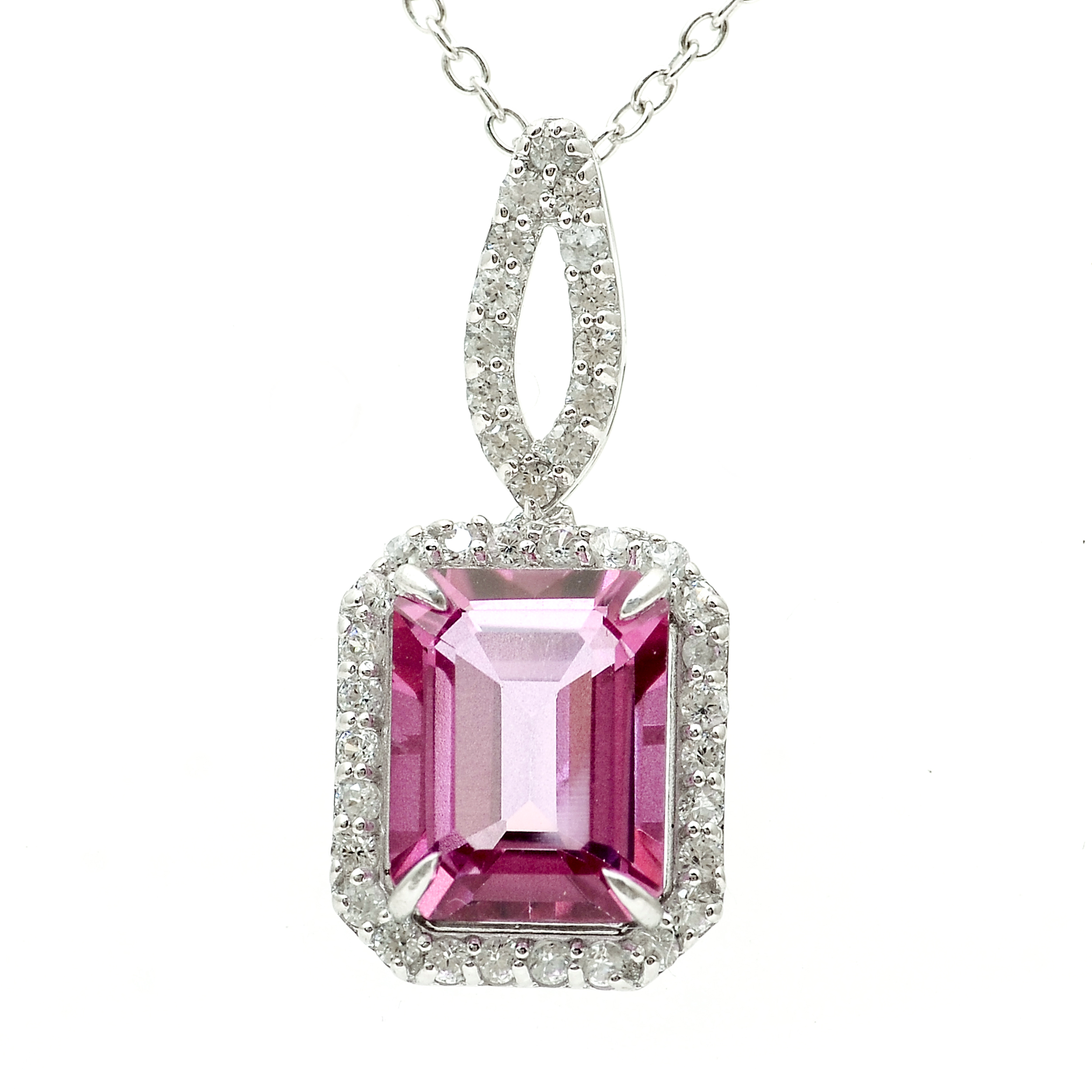 925 Sterling Silver 3.56 Ct Octagon Pink Topaz White Zircon Pendant