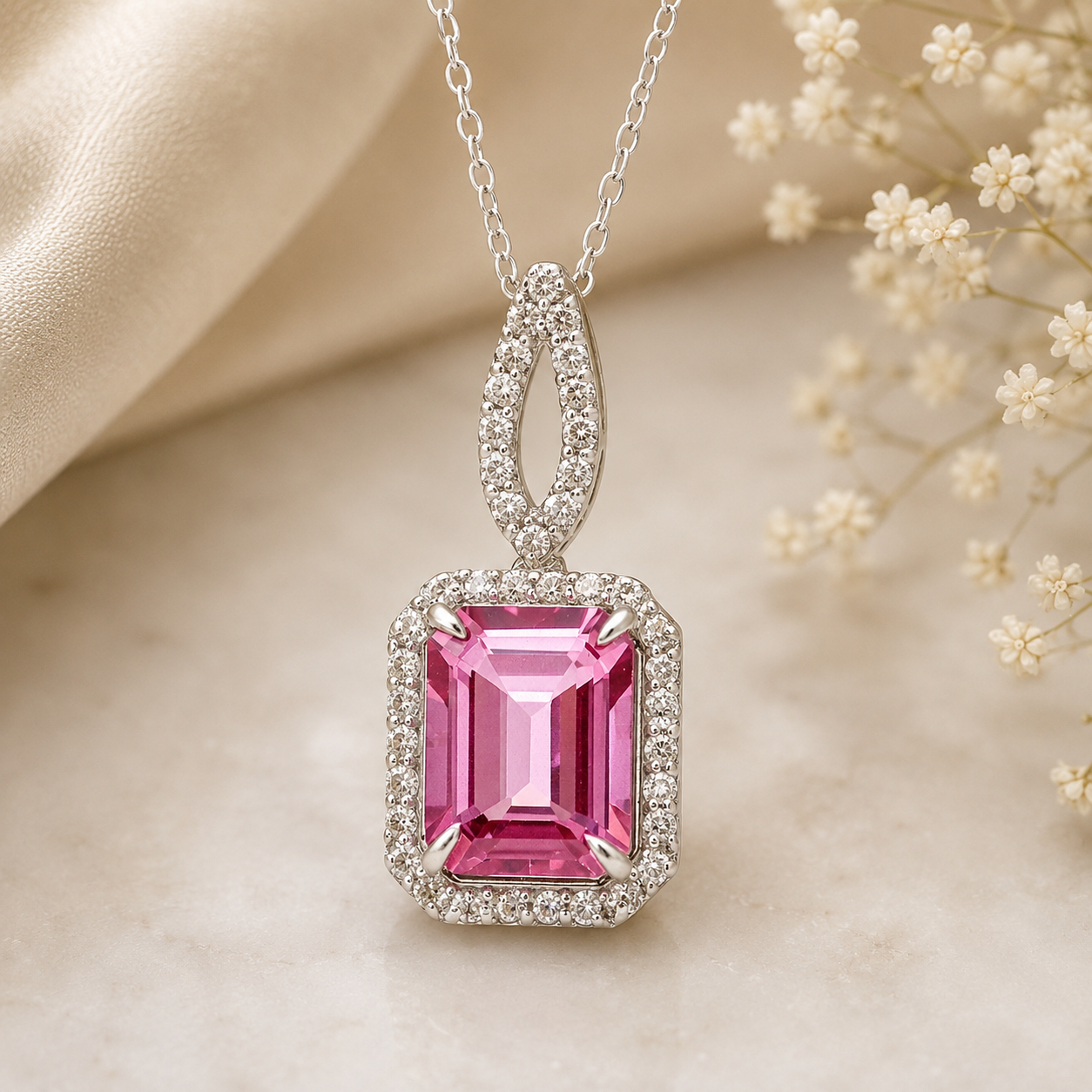 925 Sterling Silver 3.56 Ct Octagon Pink Topaz White Zircon Pendant