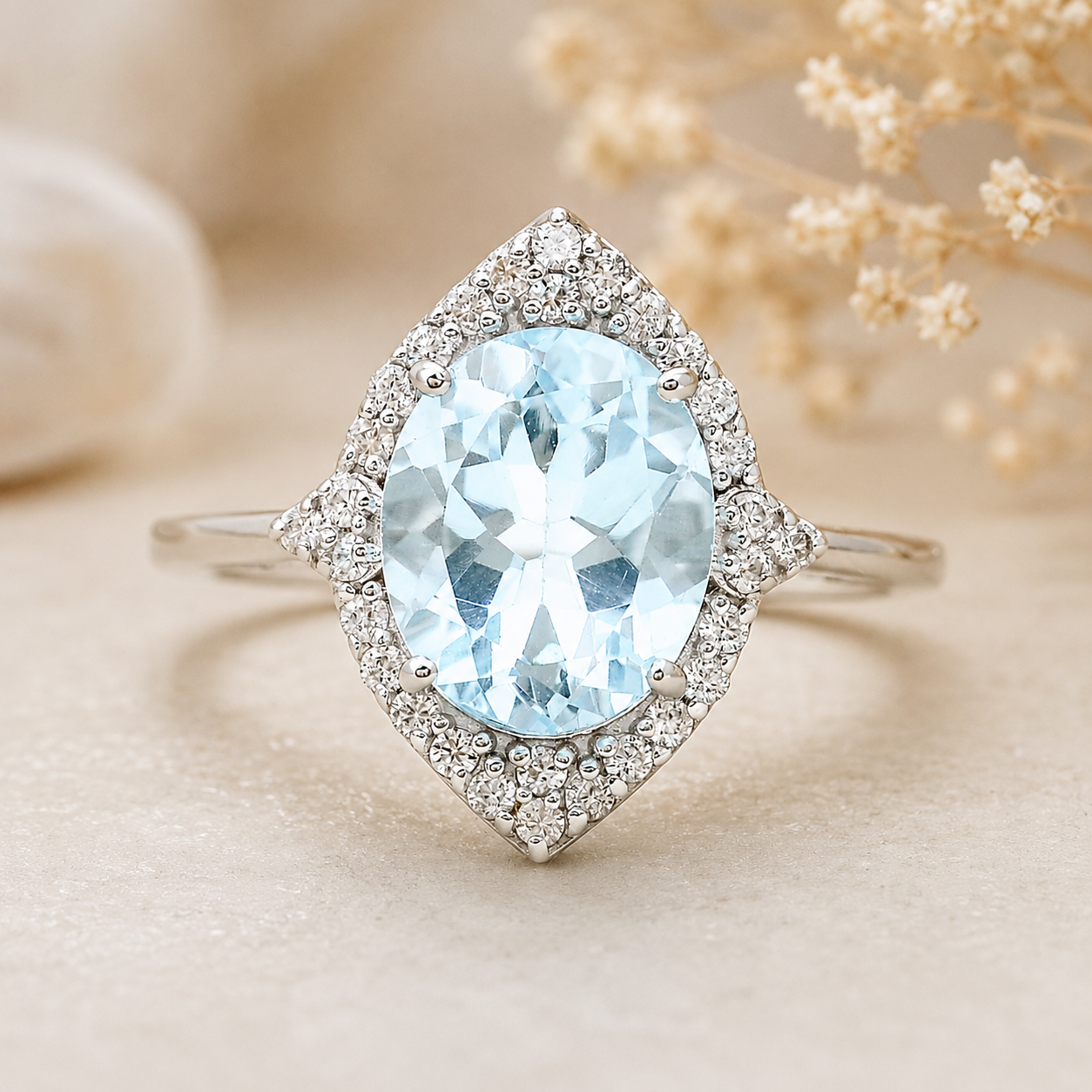 925 Sterling Silver 3.57 Ct Oval Blue Topaz White Zircon Ring 7 US Ring Size