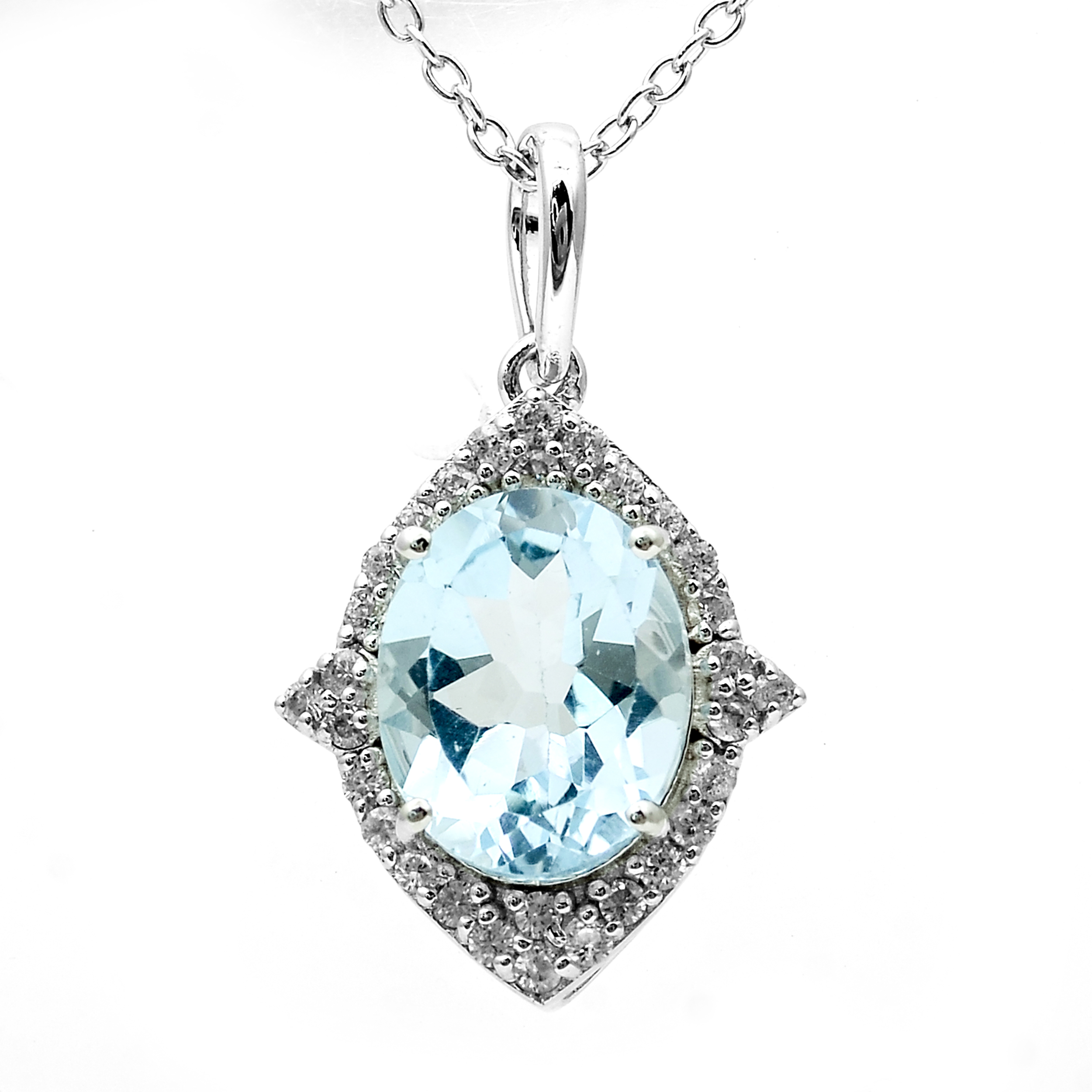 925 Sterling Silver 3.58 Ct Oval Blue Topaz White Zircon Pendant
