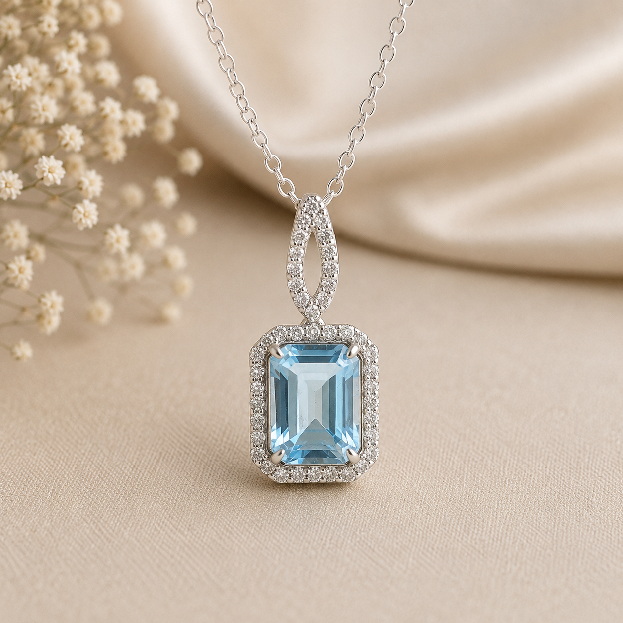 925 Sterling Silver 3.70 Ct Octagon Blue Topaz White Zircon Pendant