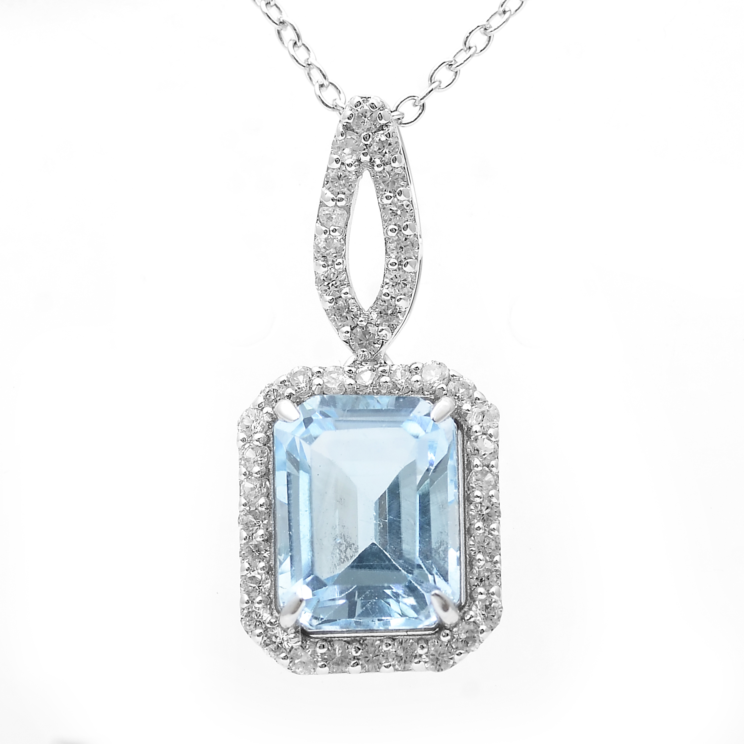 925 Sterling Silver 3.70 Ct Octagon Blue Topaz White Zircon Pendant