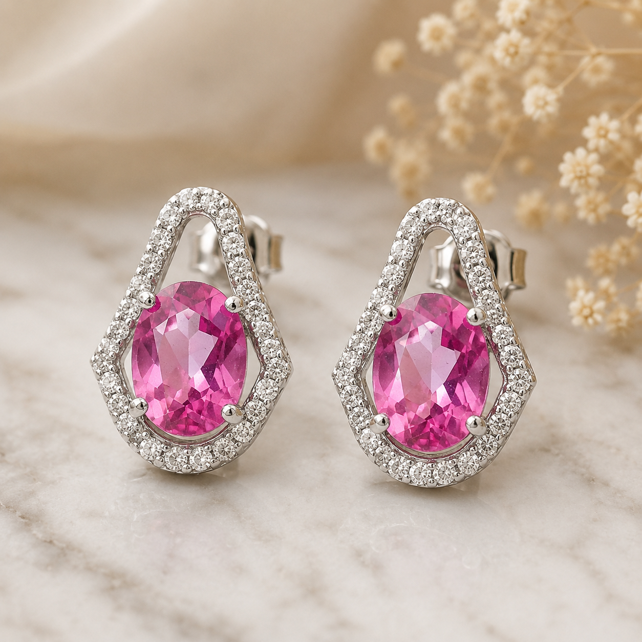 925 Sterling Silver 3.77 Ct Oval Pink Topaz White Zircon Earrings