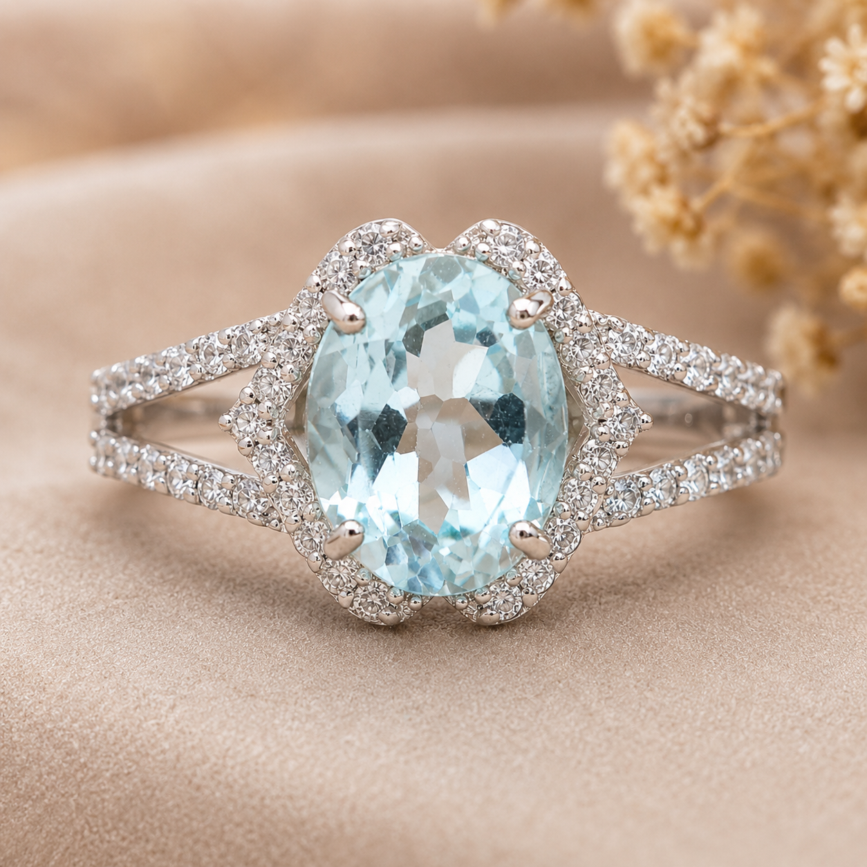925 Sterling Silver 3.80 Ct Oval Blue Topaz White Zircon Ring 7 US Ring Size