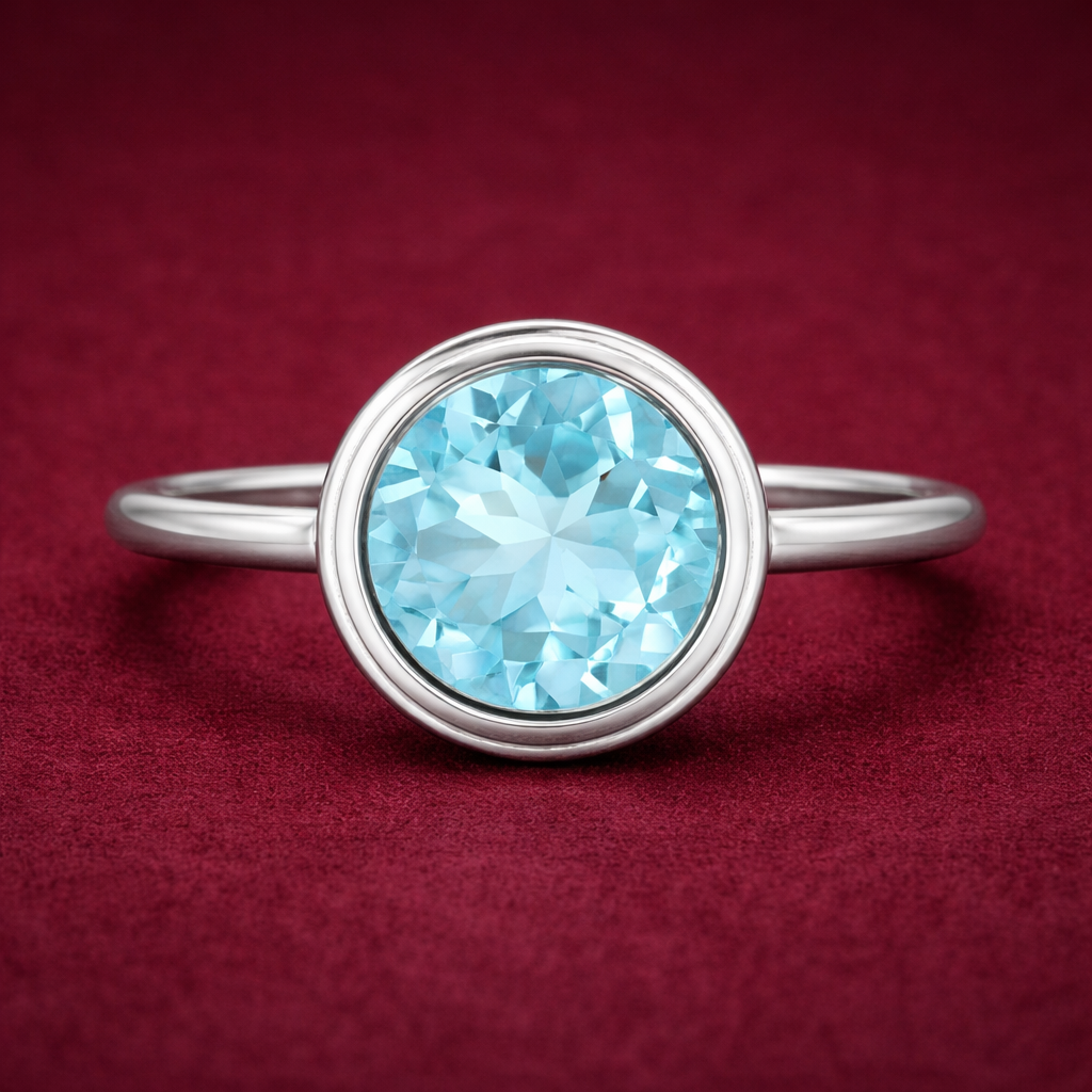 925 Sterling Silver 4.00 Ct Round Blue Topaz Ring 8.5 US Ring Size