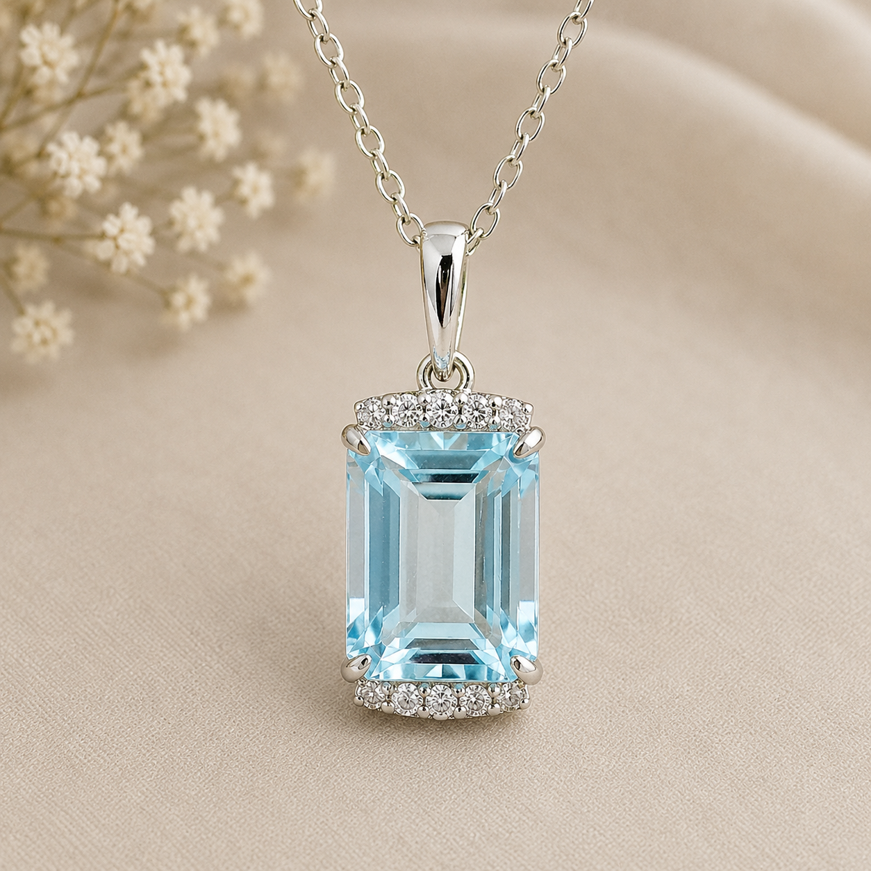 925 Sterling Silver 4.02 Ct Octagon Blue Topaz White Zircon Pendant