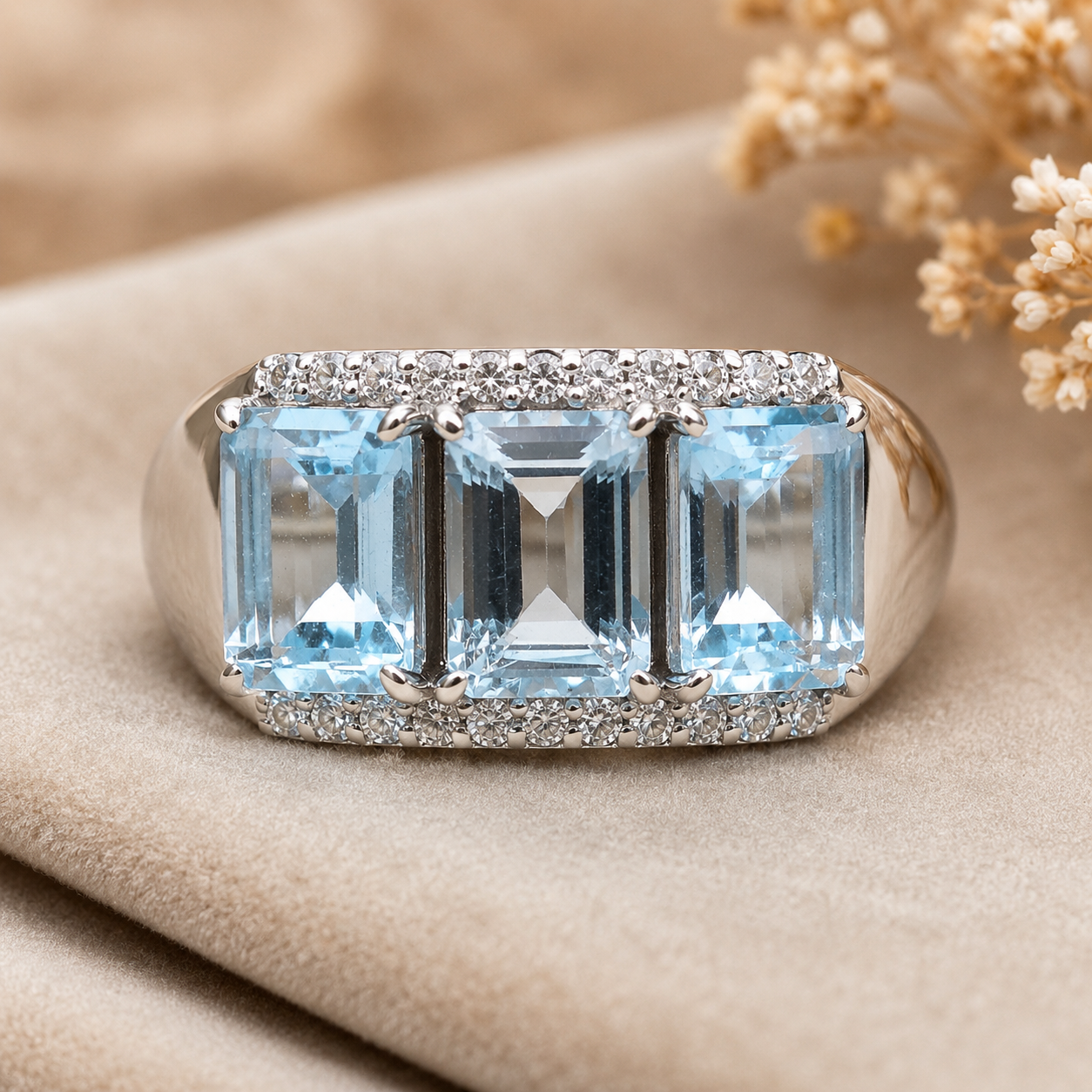 925 Sterling Silver 4.17 Ct Octagon Blue Topaz White Zircon Ring 7 US Ring Size