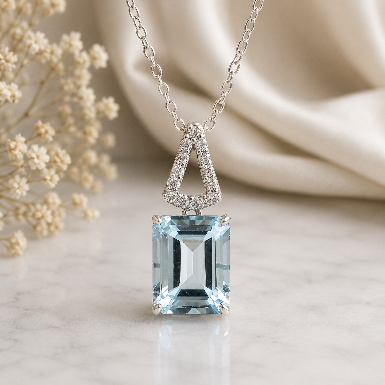 925 Sterling Silver 4.27 Ct Octagon Blue Topaz White Zircon Pendant