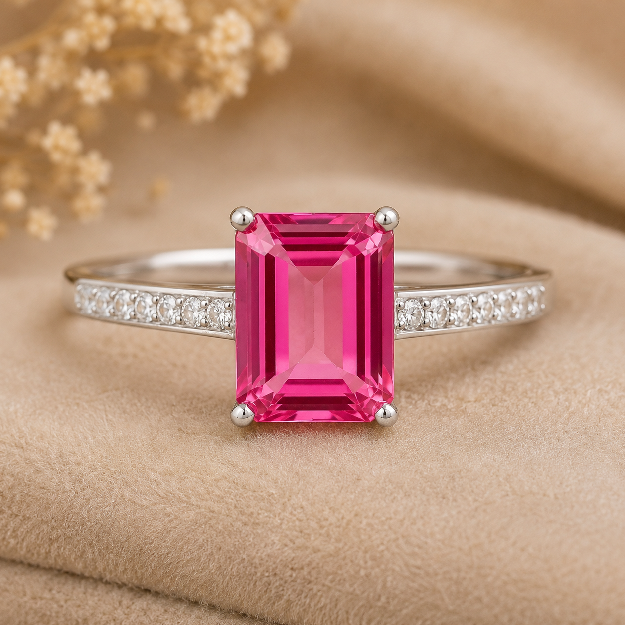 925 Sterling Silver 4.42 Ct Octagon Pink Topaz Cubic Zirconia Ring 7 US Ring Size