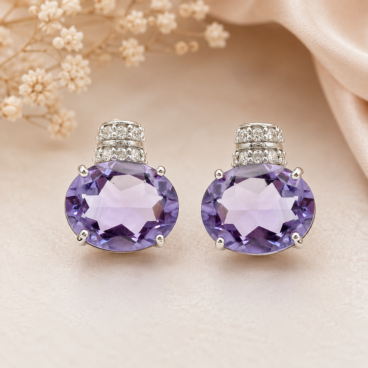 925 Sterling Silver 4.51 Ct Oval Amethyst White Zircon Earrings