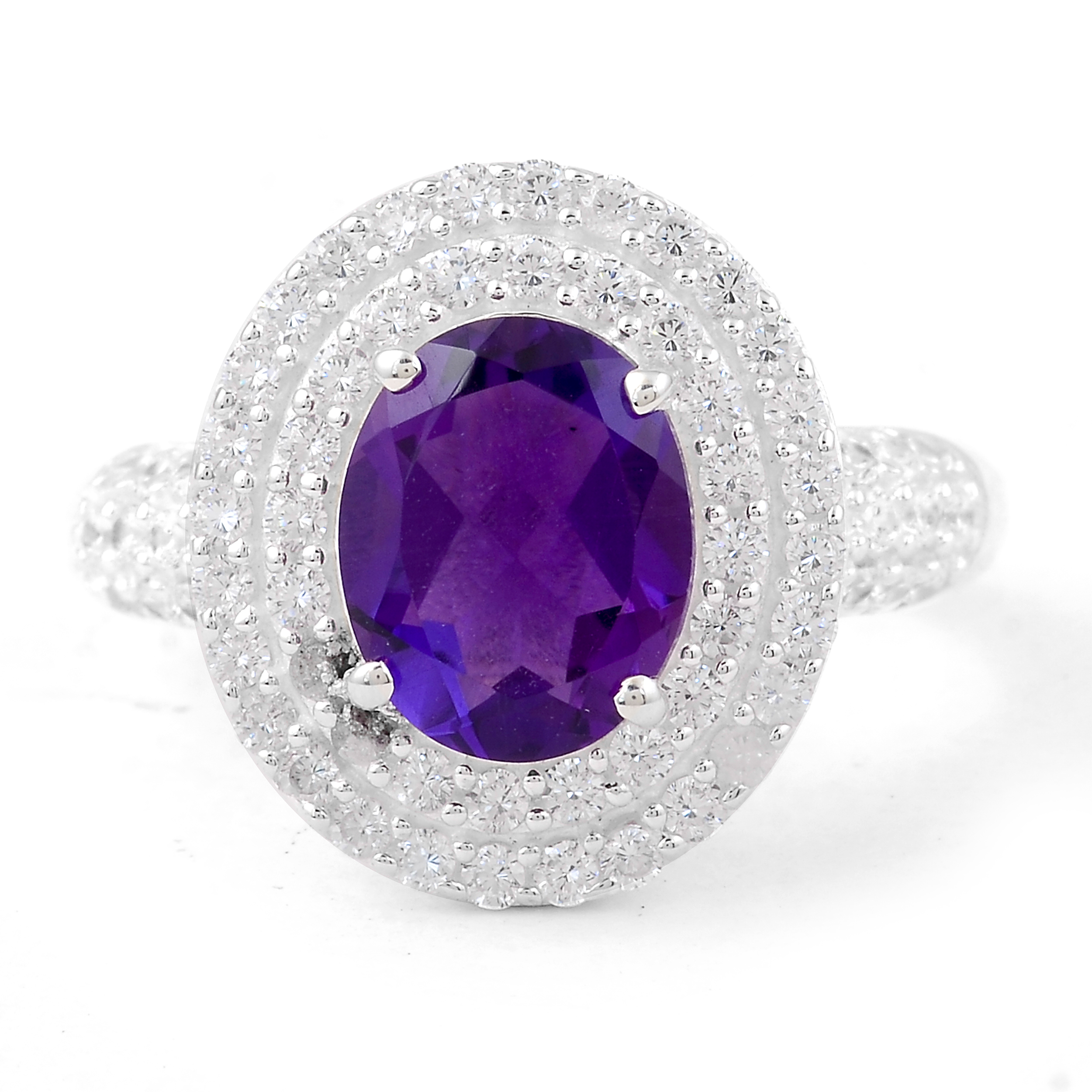 925 Sterling Silver 4.54 Ct Oval Created Amethyst Cubic Zirconia Ring 7 US Ring Size