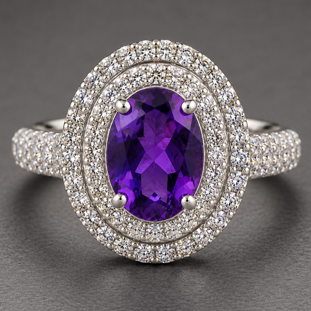 925 Sterling Silver 4.54 Ct Oval Created Amethyst Cubic Zirconia Ring 7 US Ring Size