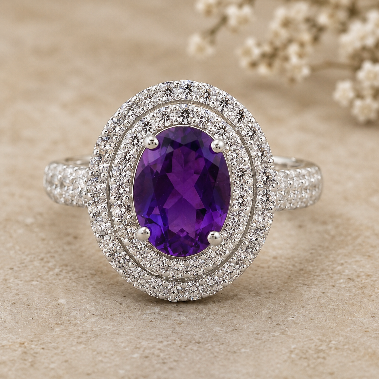 925 Sterling Silver 4.54 Ct Oval Created Amethyst Cubic Zirconia Ring