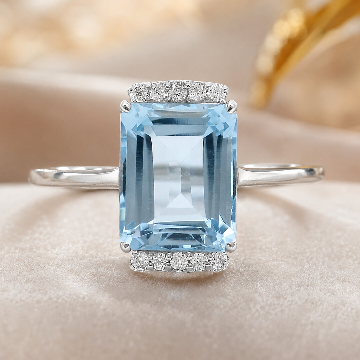 925 Sterling Silver 4.67 Ct Octagon Blue Topaz White Zircon Ring 7 US Ring Size