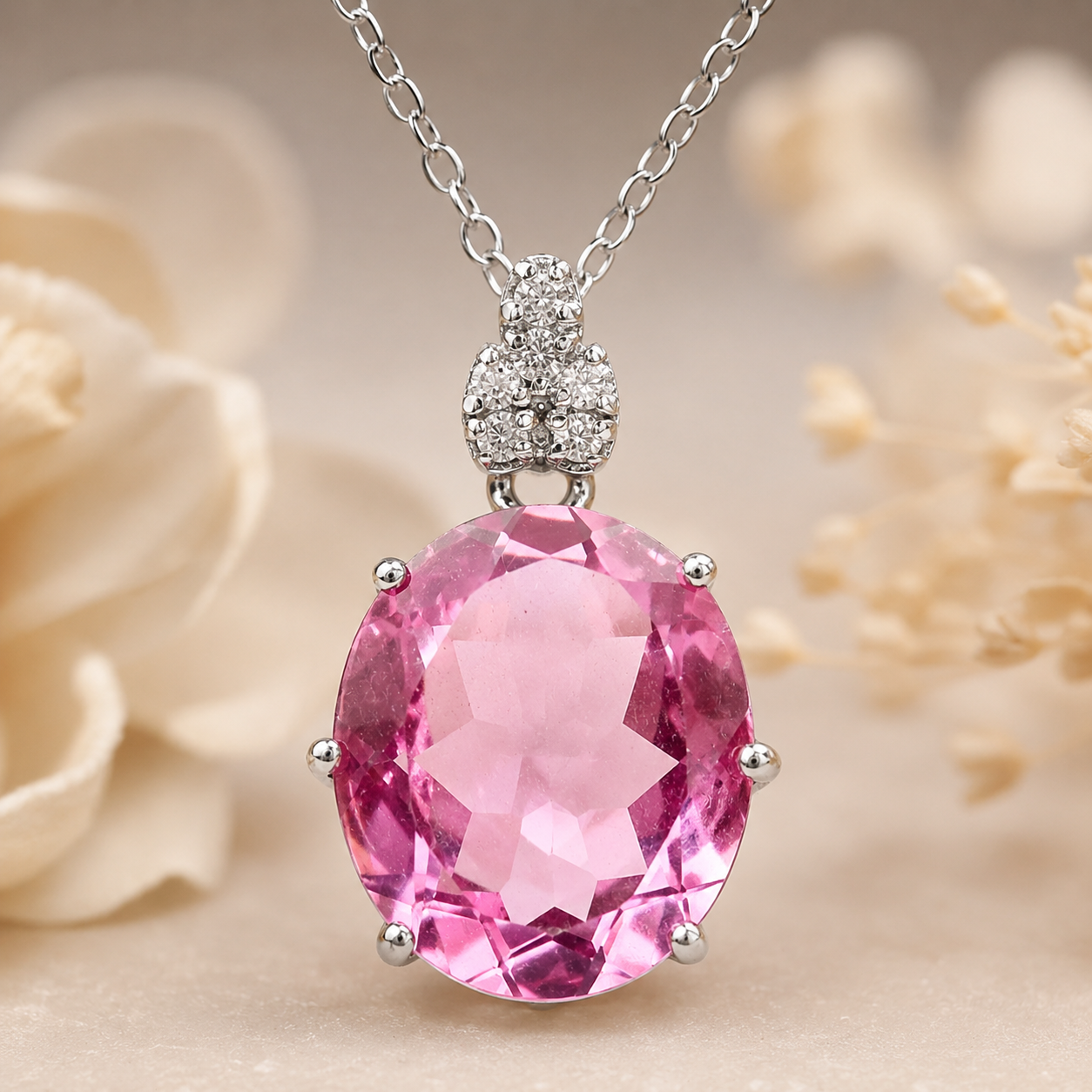 925 Sterling Silver 4.76 Ct Oval Pink Topaz White Zircon Pendant