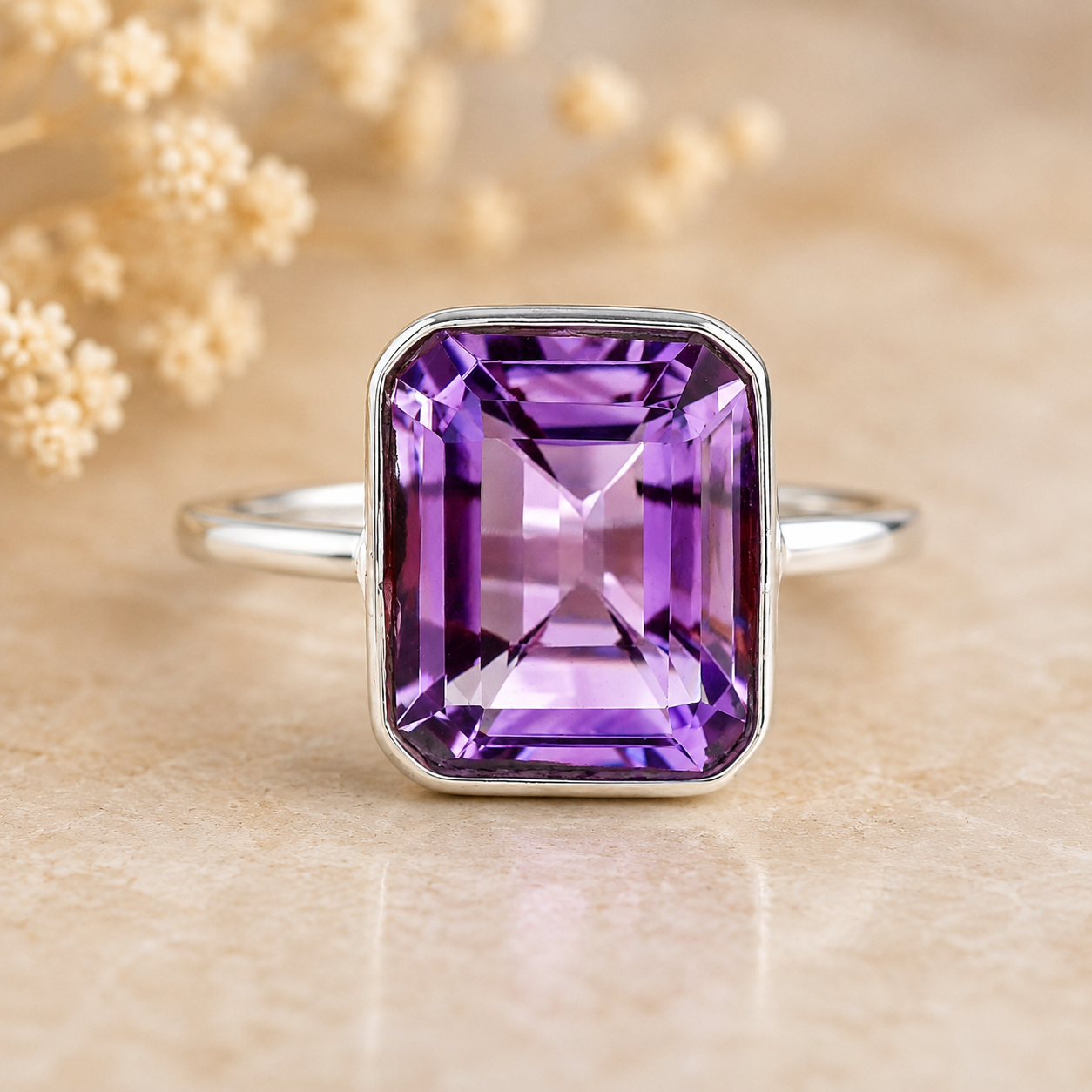 925 Sterling Silver 5.04 Ct Octagon Amethyst Ring 6 US Ring Size