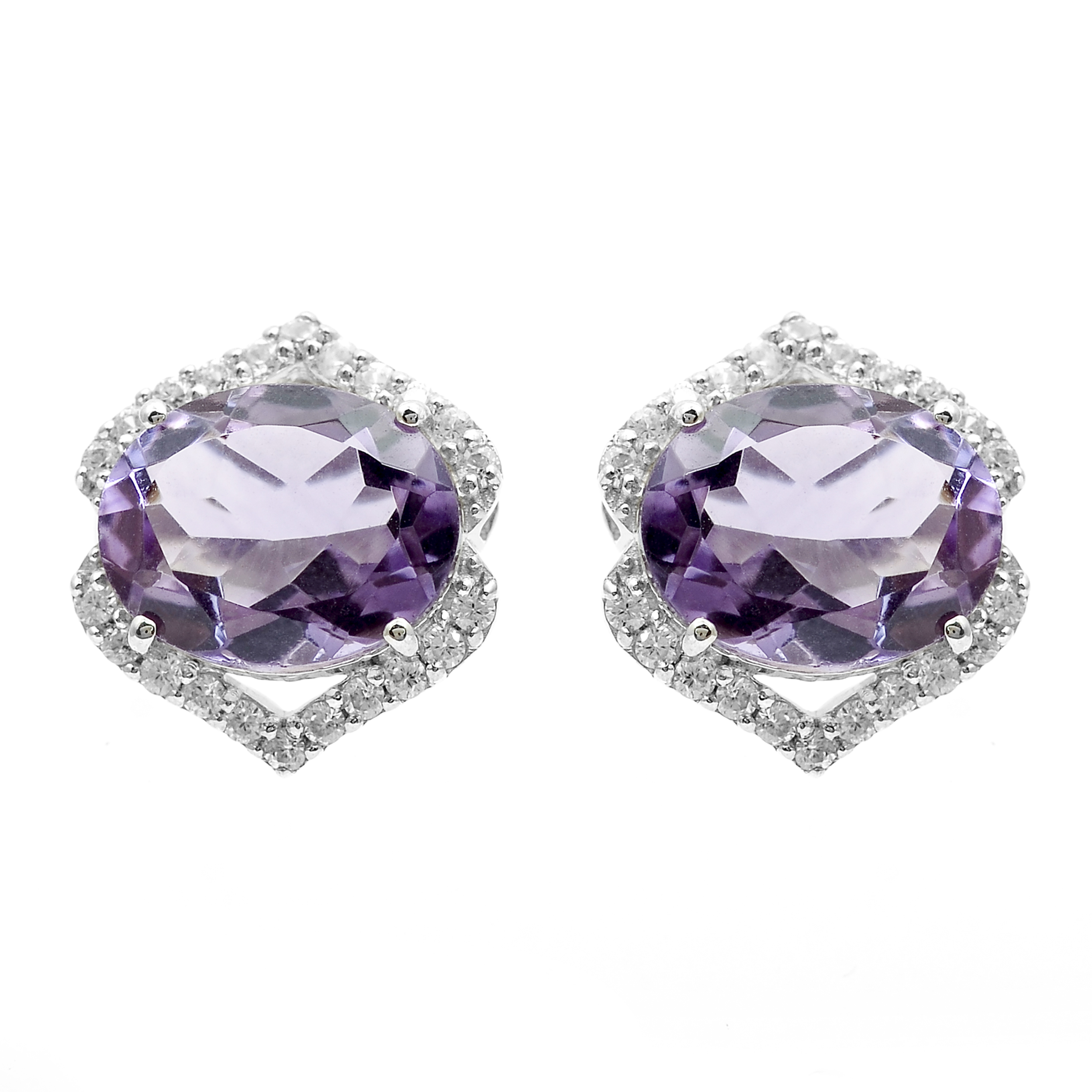 925 Sterling Silver 5.06 Ct Oval Amethyst White Zircon Earrings