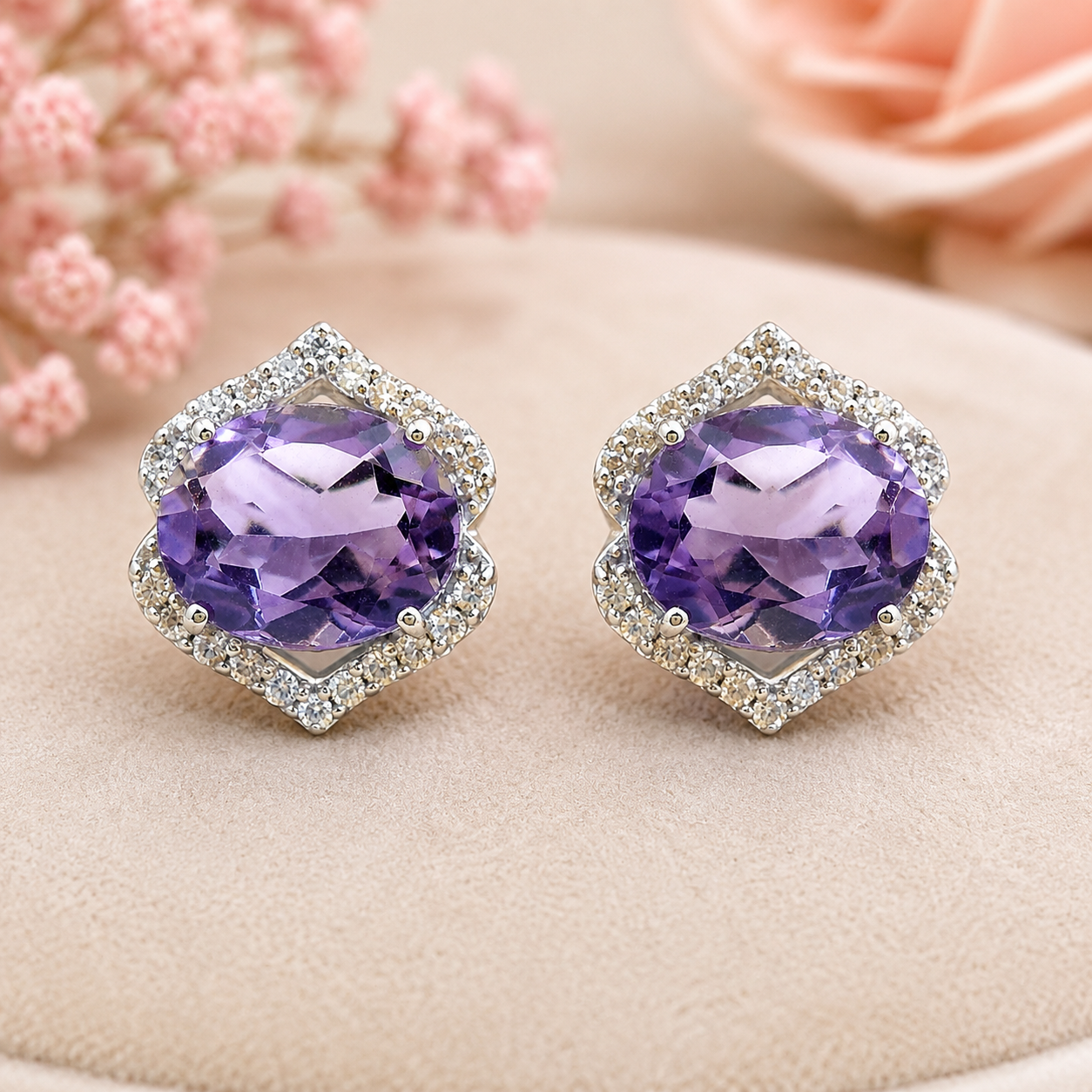 925 Sterling Silver 5.06 Ct Oval Amethyst White Zircon Earrings