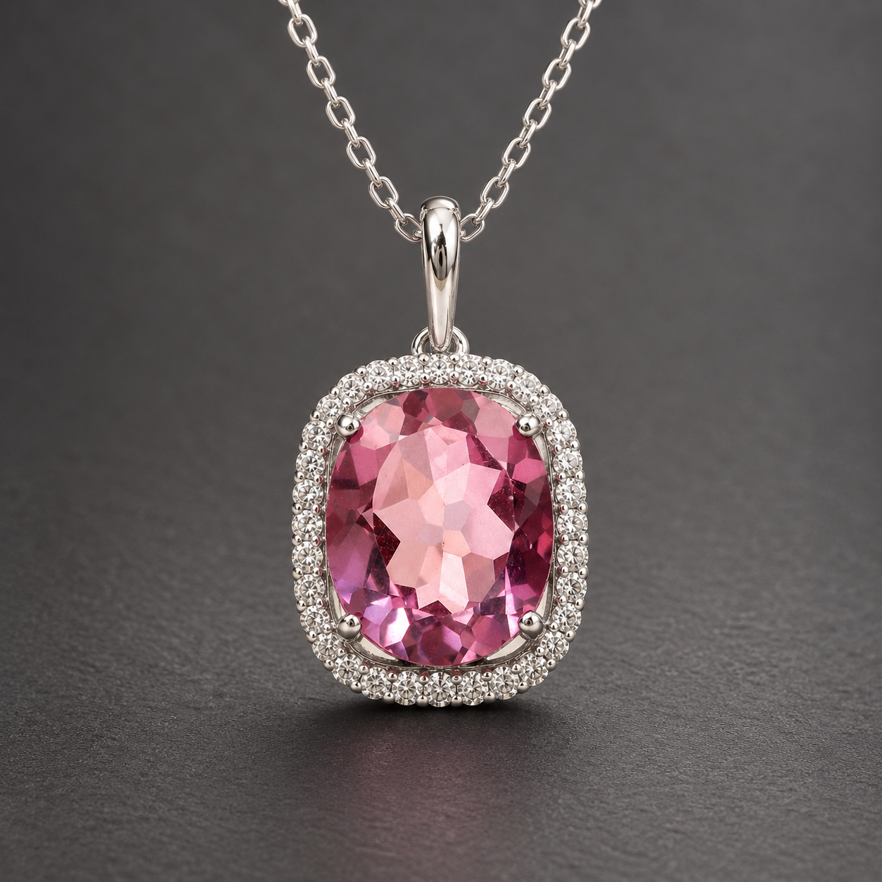 925 Sterling Silver 5.06 Ct Oval Pink Topaz White Zircon Pendant