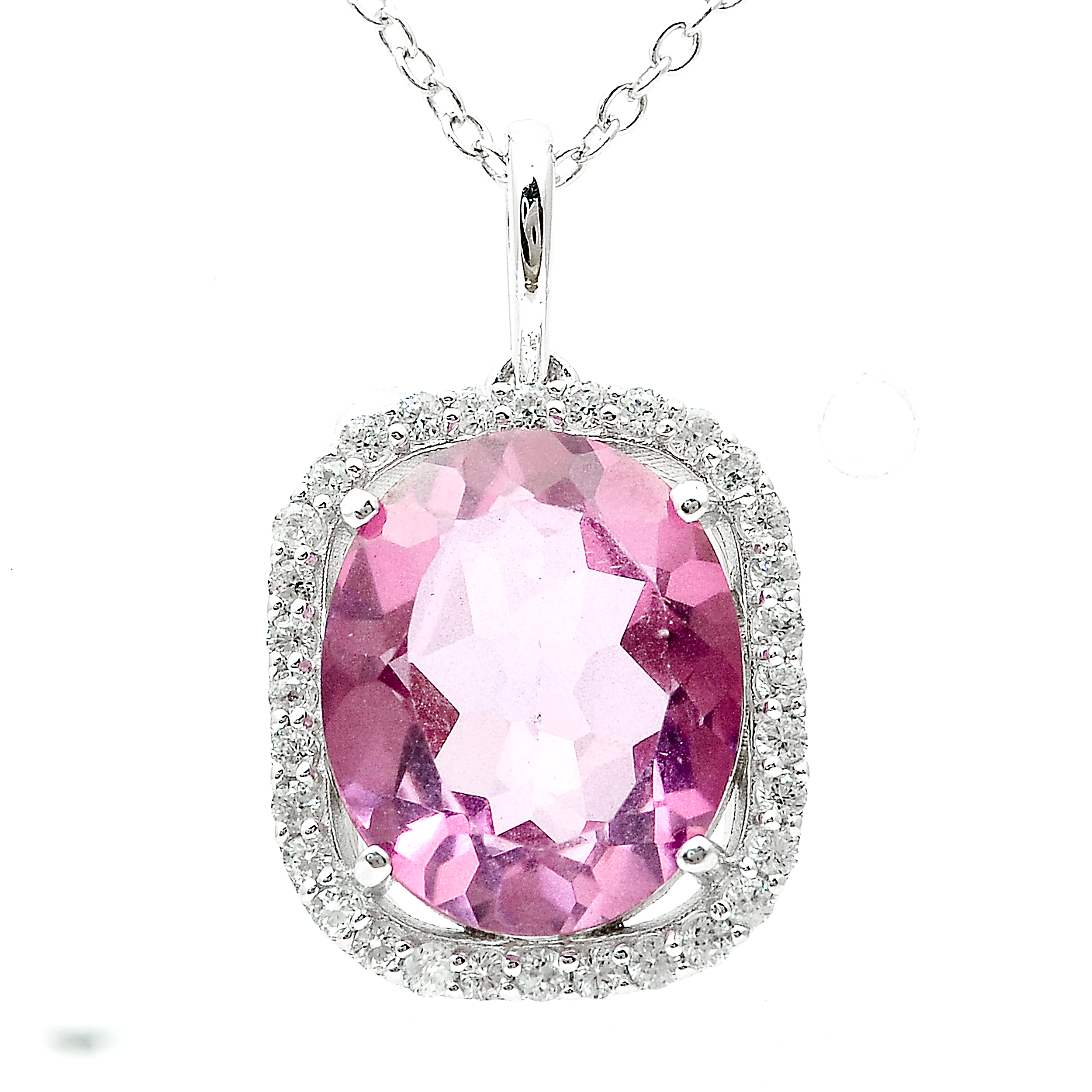 925 Sterling Silver 5.06 Ct Oval Pink Topaz White Zircon Pendant