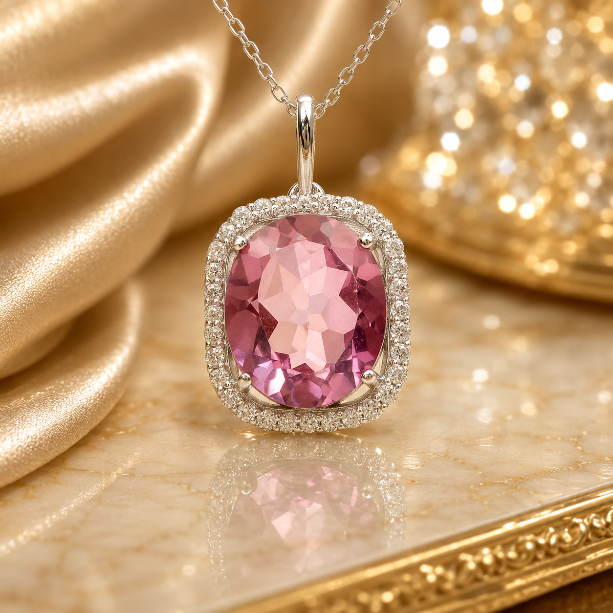 925 Sterling Silver 5.06 Ct Oval Pink Topaz White Zircon Pendant