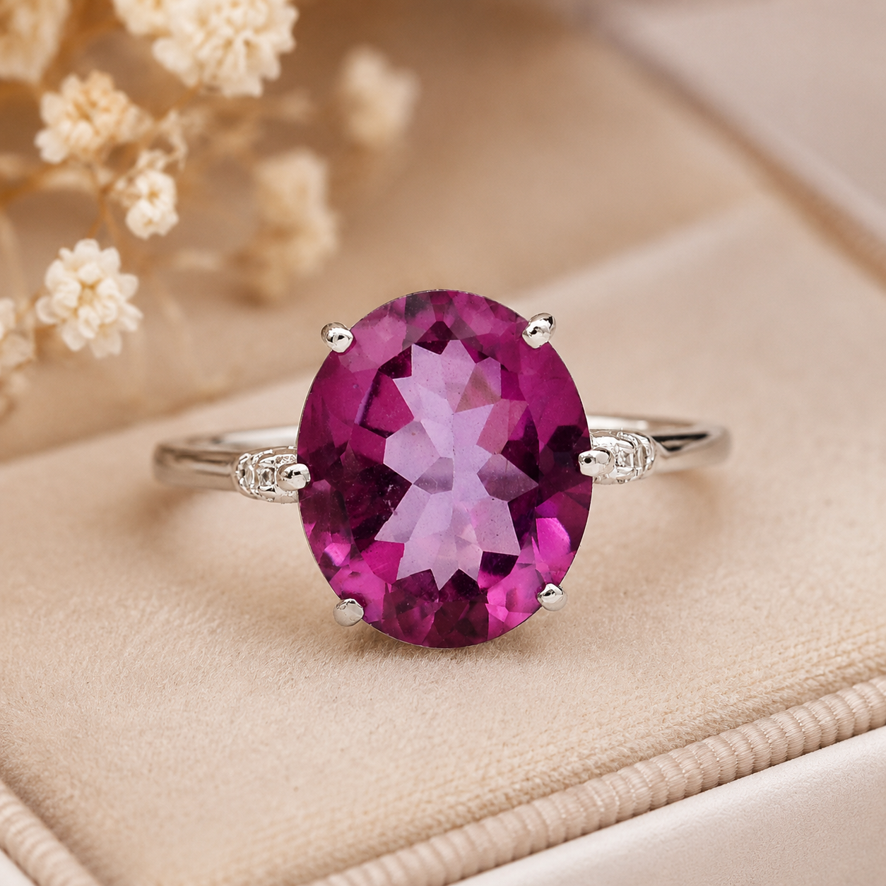 925 Sterling Silver 5.10 Ct Oval Pink Topaz White Zircon Ring 7 US Ring Size