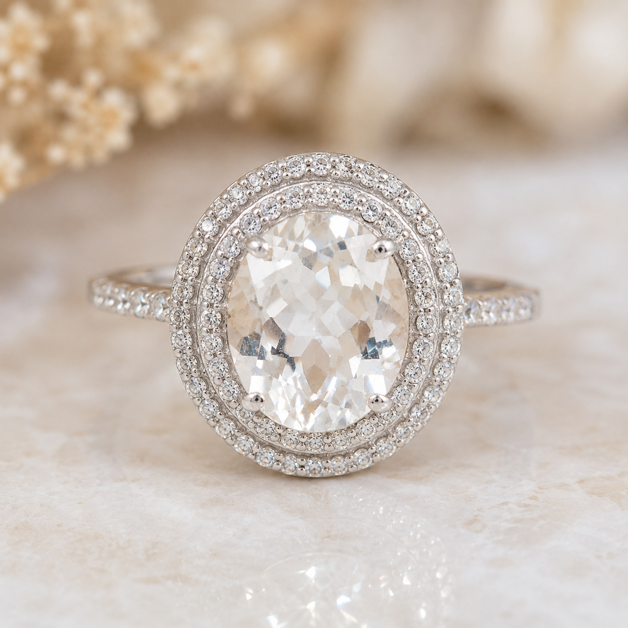 925 Sterling Silver 5.14 Ct Oval White Topaz Cubic Zirconia Ring