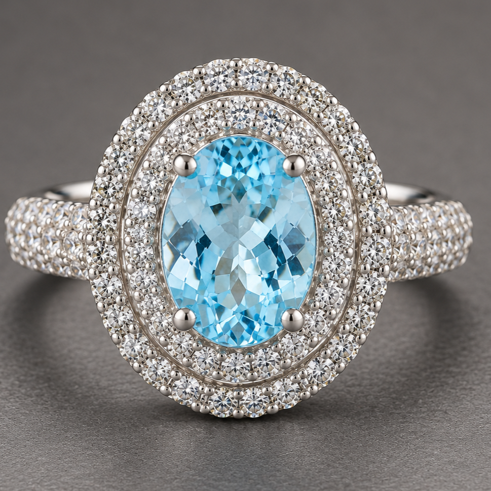 925 Sterling Silver 5.30 Ct Oval Blue Topaz Cubic Zirconia Ring 7 US Ring Size