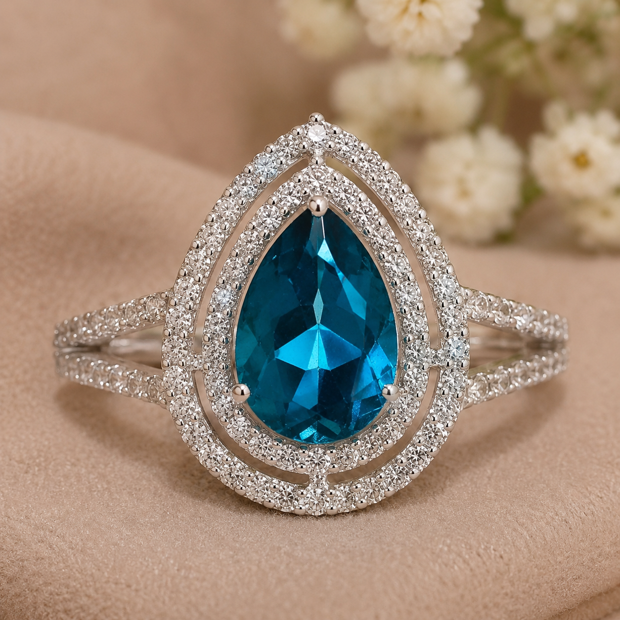 925 Sterling Silver 5.40 Ct Pear Paraiba Topaz Cubic Zirconia Ring 7 US Ring Size
