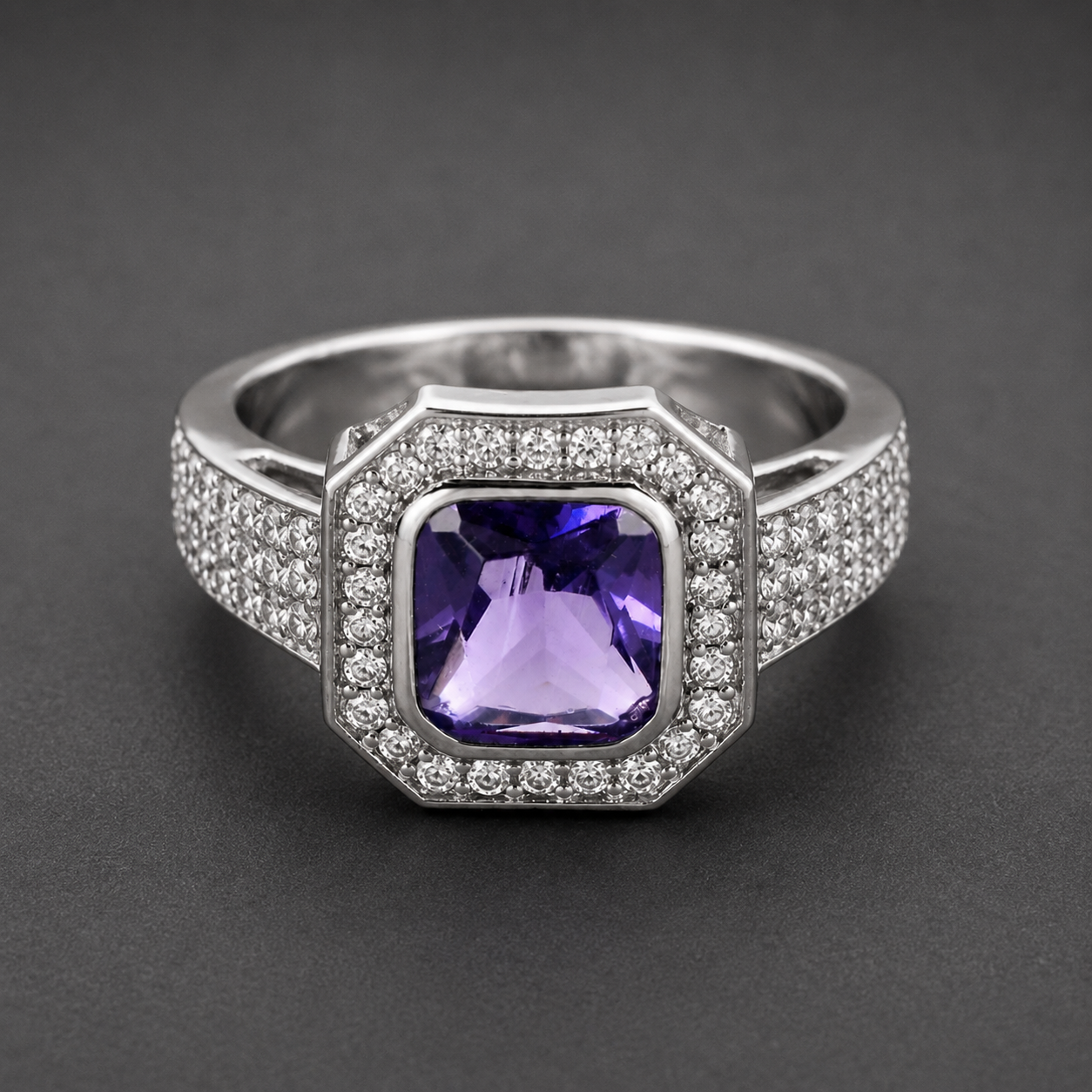 925 Sterling Silver 5.44 Ct Octagon Amethyst Cubic Zirconia Ring 7 US Ring Size
