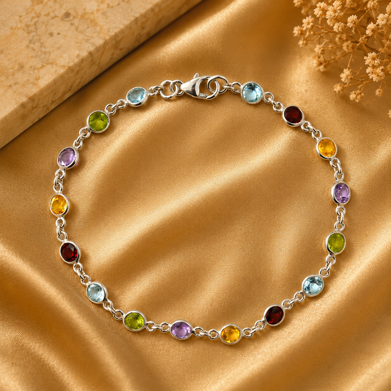 925 Sterling Silver 5.58 Ct Round Garnet Peridot Blue Topaz Citrine Amethyst Bracelet