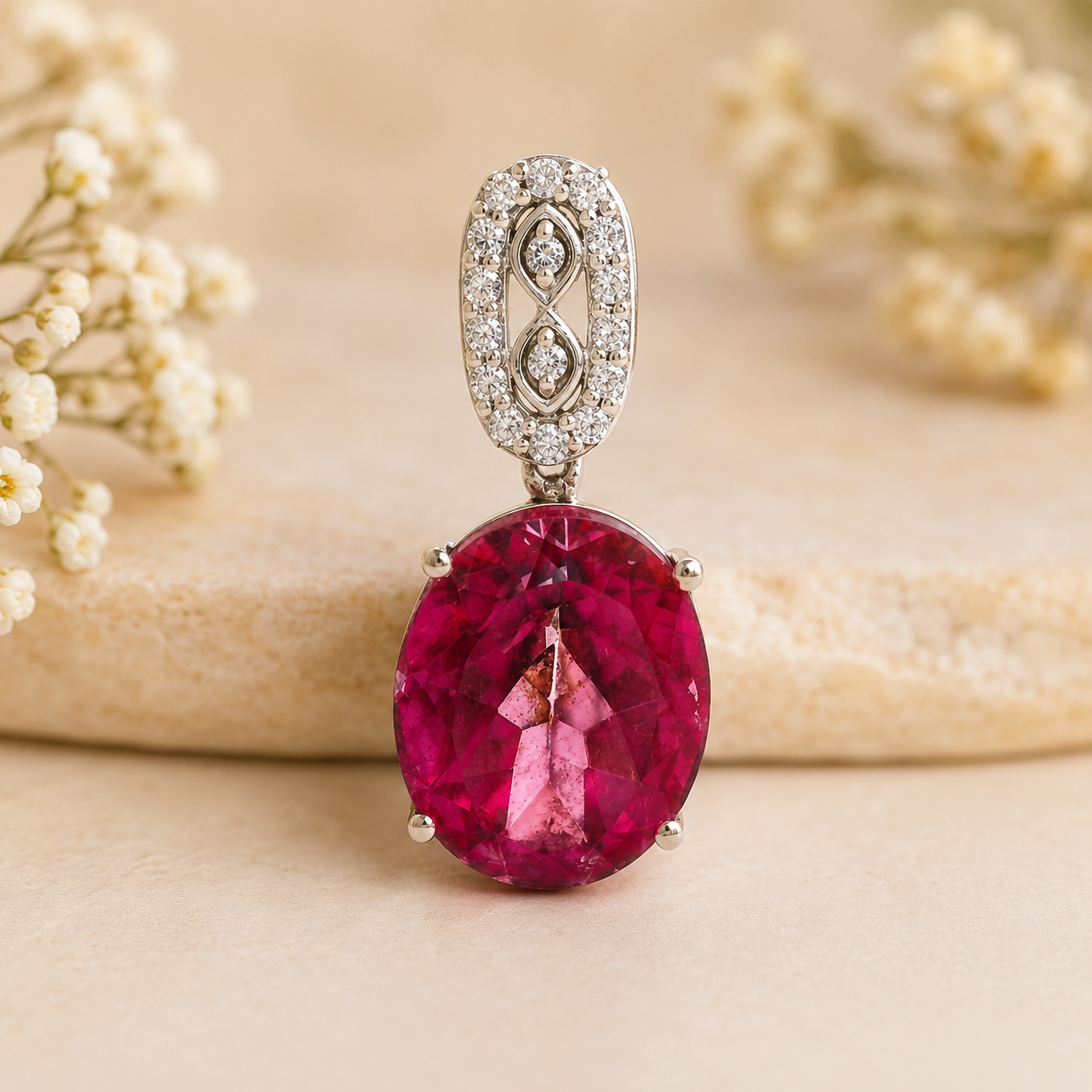 925 Sterling Silver 5.62 Ct Oval Pink Topaz White Zircon Pendant