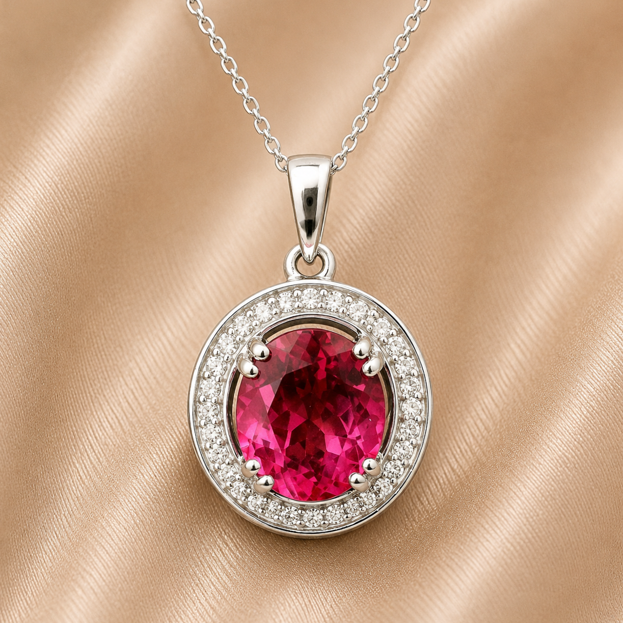 925 Sterling Silver 5.64 Ct Oval Pink Topaz White Zircon Pendant