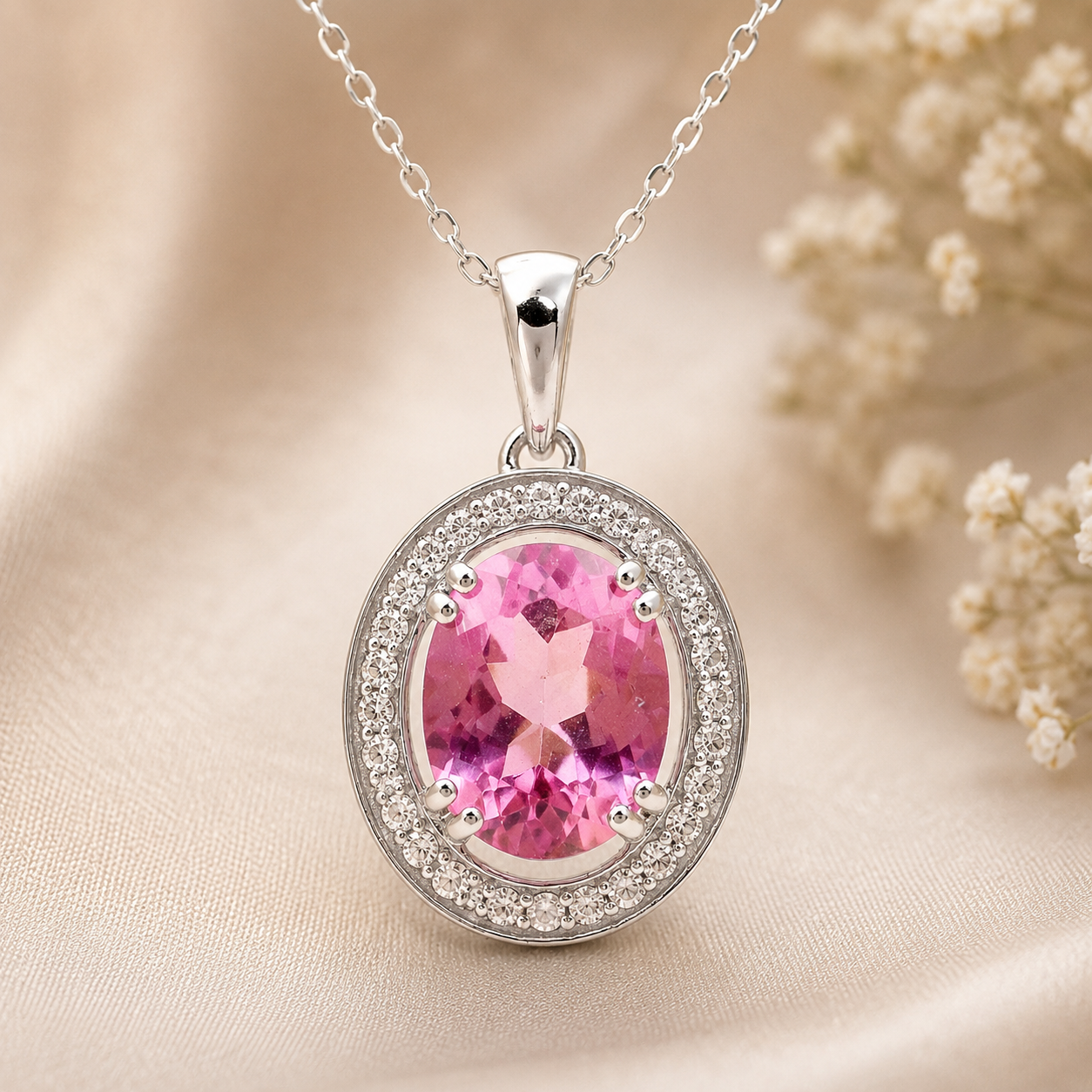 925 Sterling Silver 5.64 Ct Oval Pink Topaz White Zircon Pendant